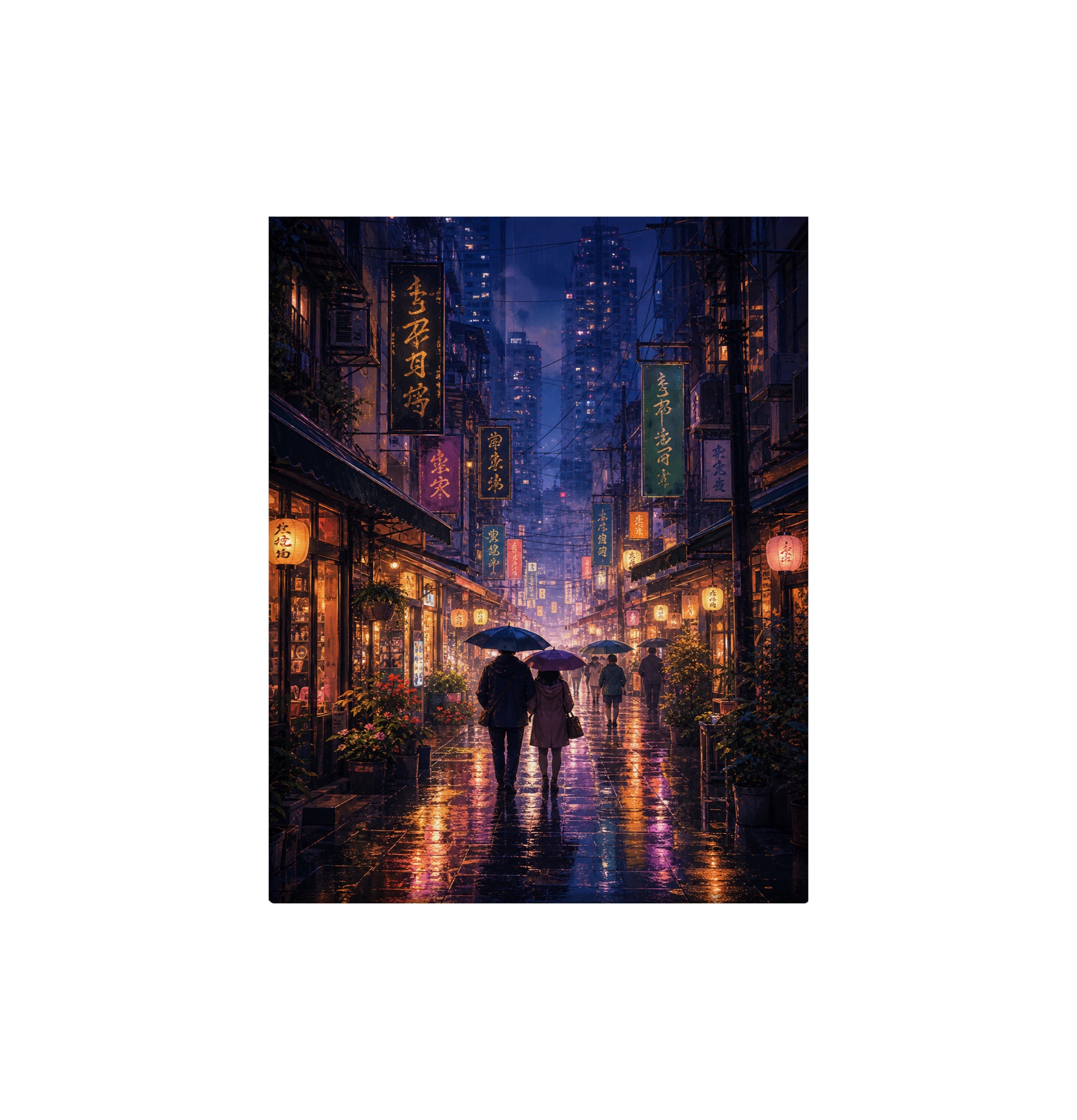 Mong Kok Night Market Rain canvas wall art preview by Seji Art