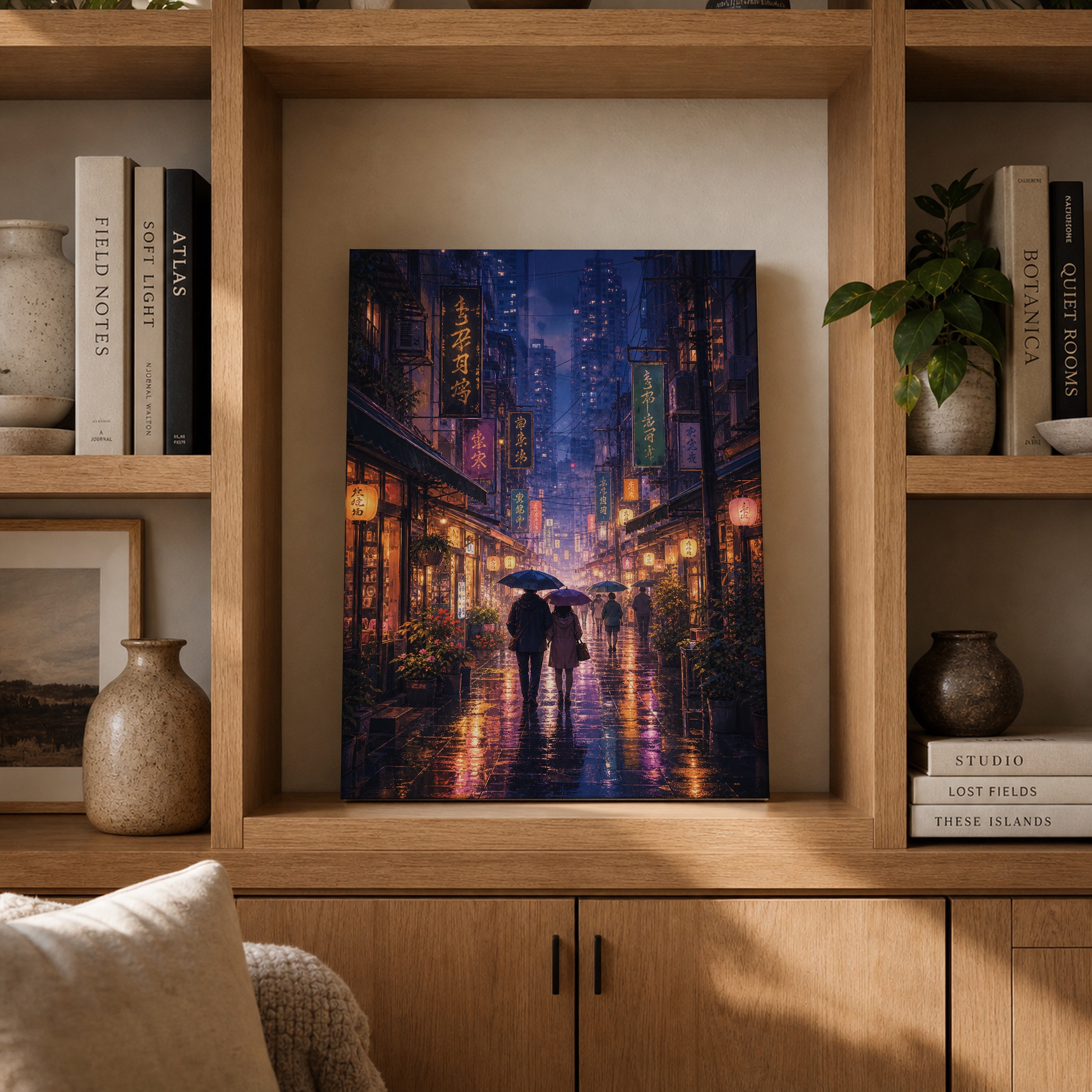 Mong Kok Night Market Rain canvas gallery shelf mockup by Seji Art