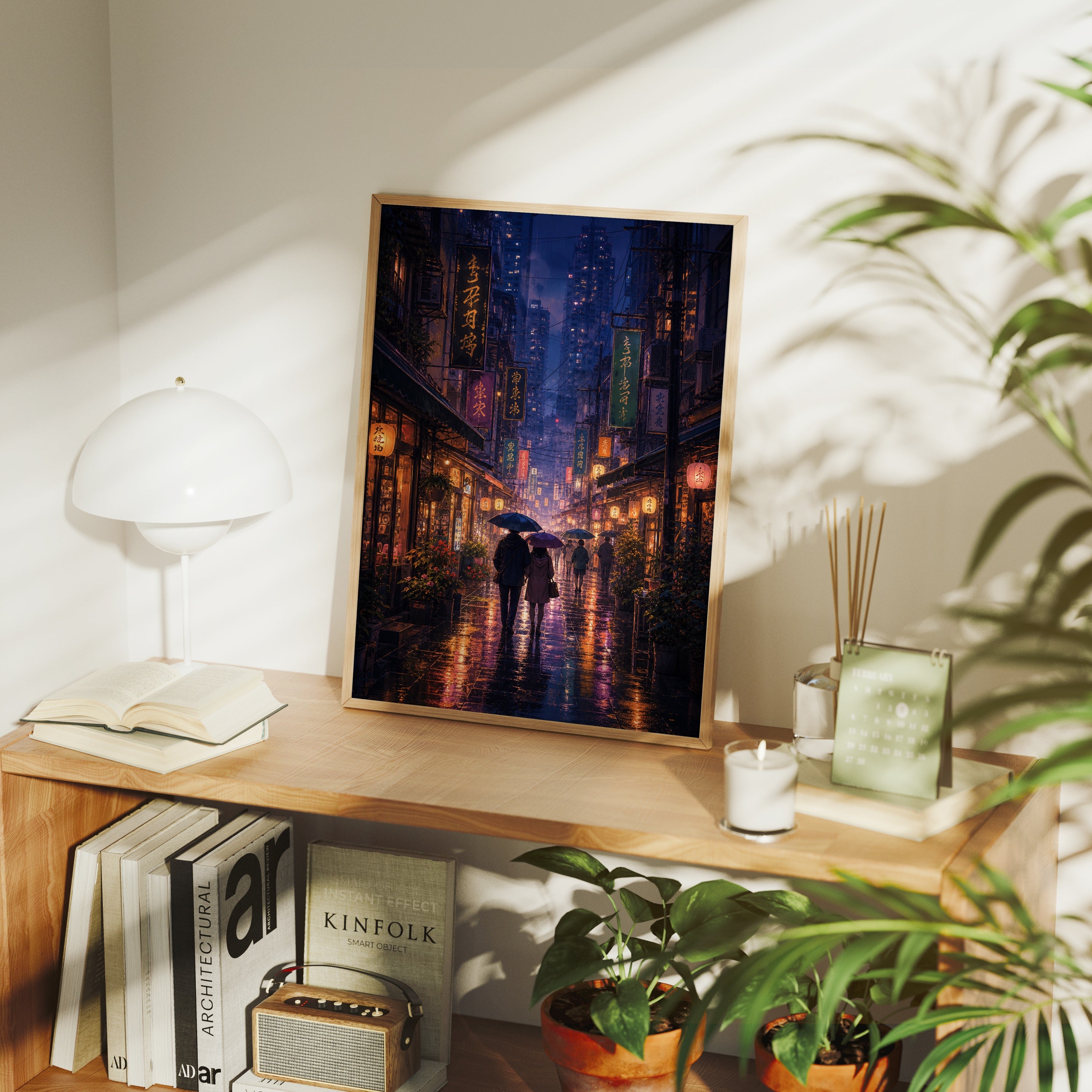 Mong Kok Night Market Rain poster framed room mockup by Seji Art
