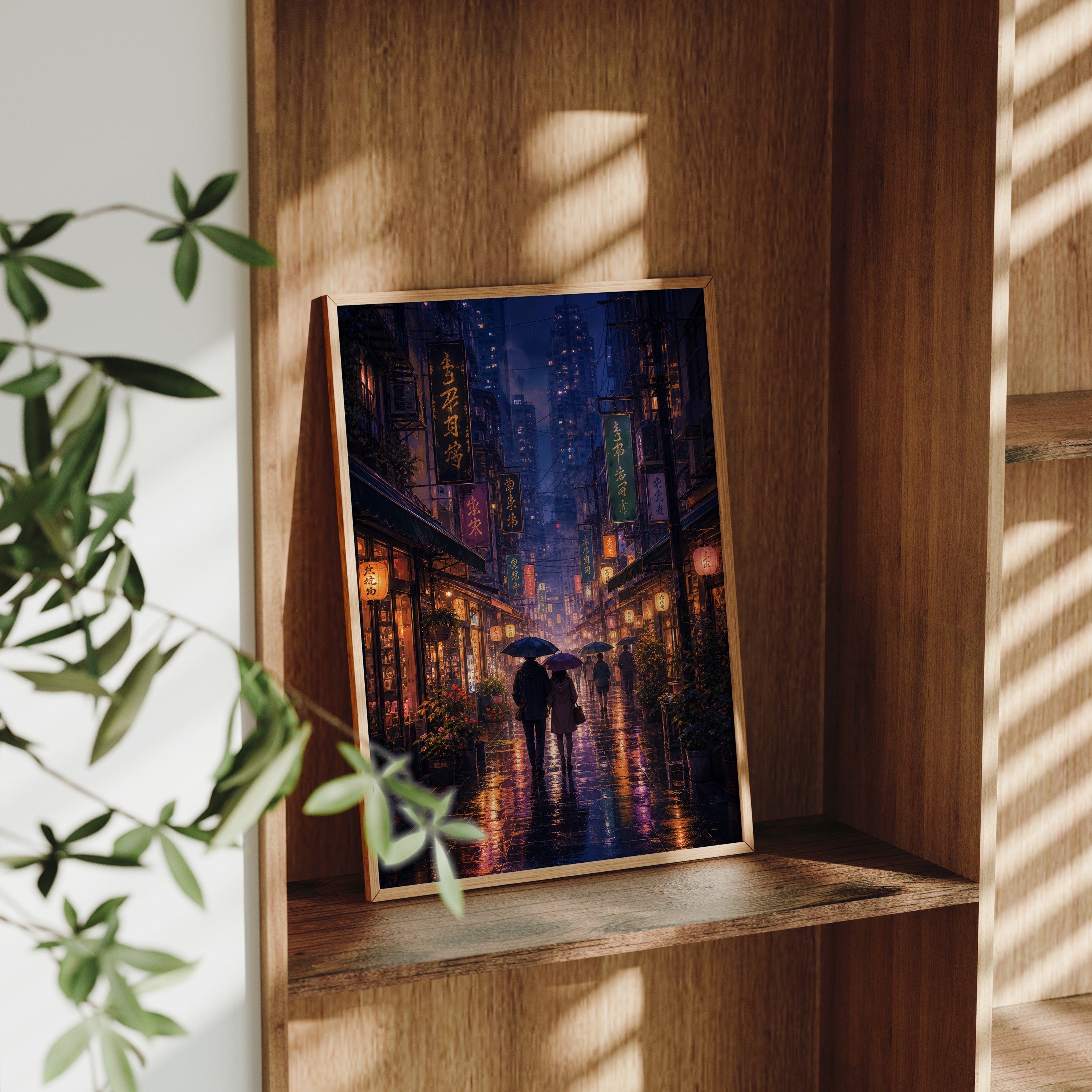Mong Kok Night Market Rain poster gallery shelf mockup by Seji Art