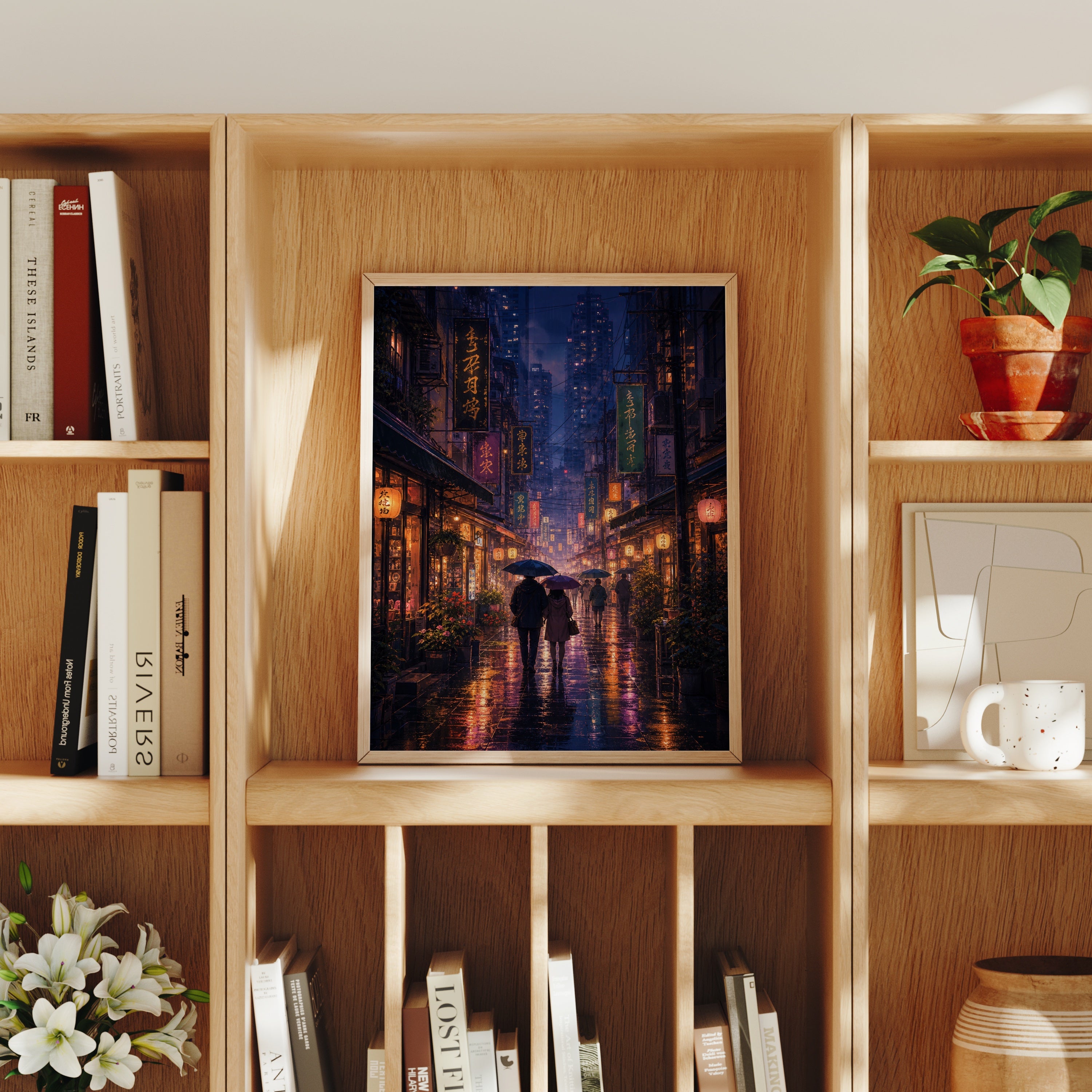 Mong Kok Night Market Rain poster home decor mockup by Seji Art