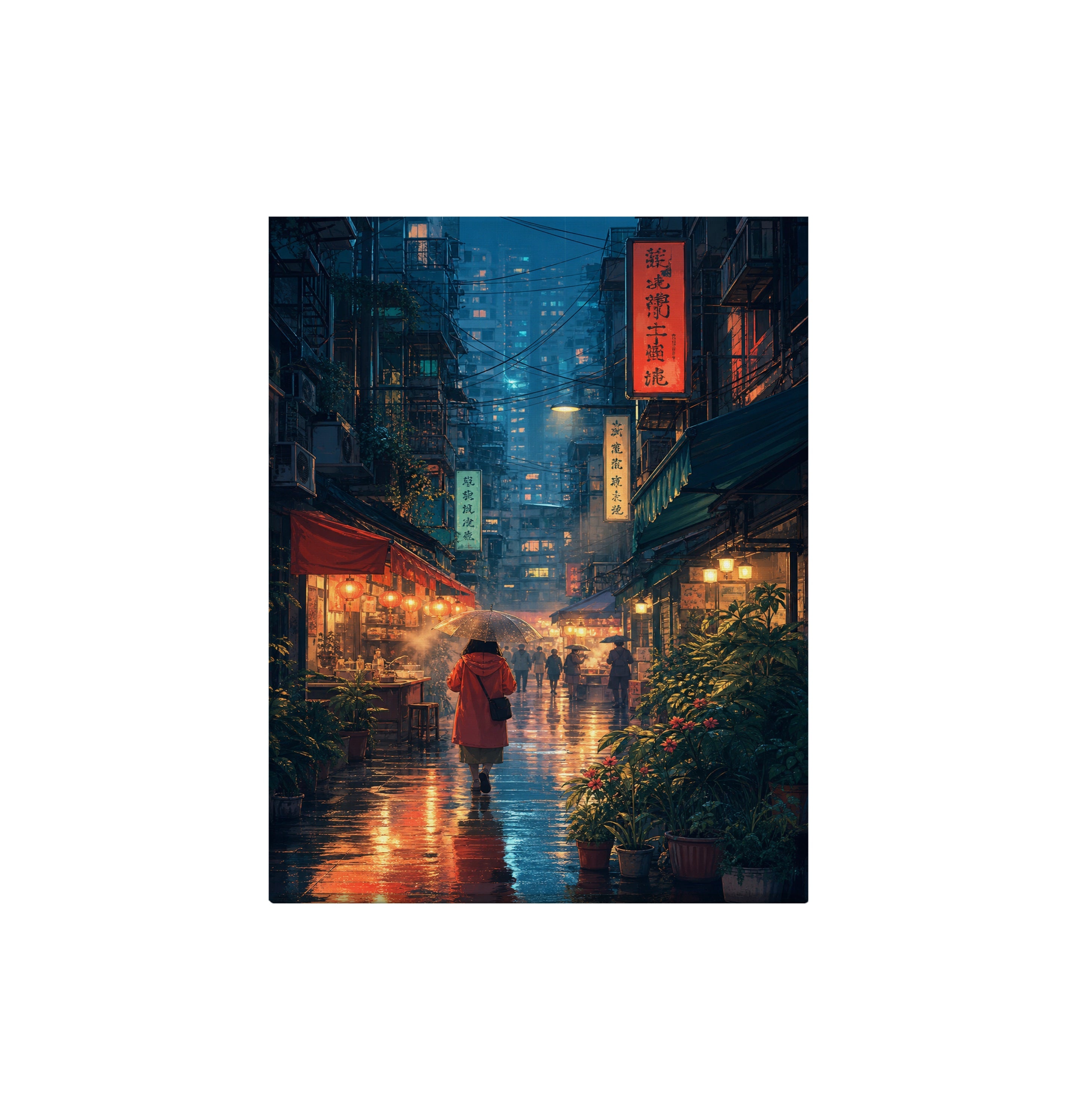 Mong Kok Red Coat Rain Alley canvas wall art preview by Seji Art