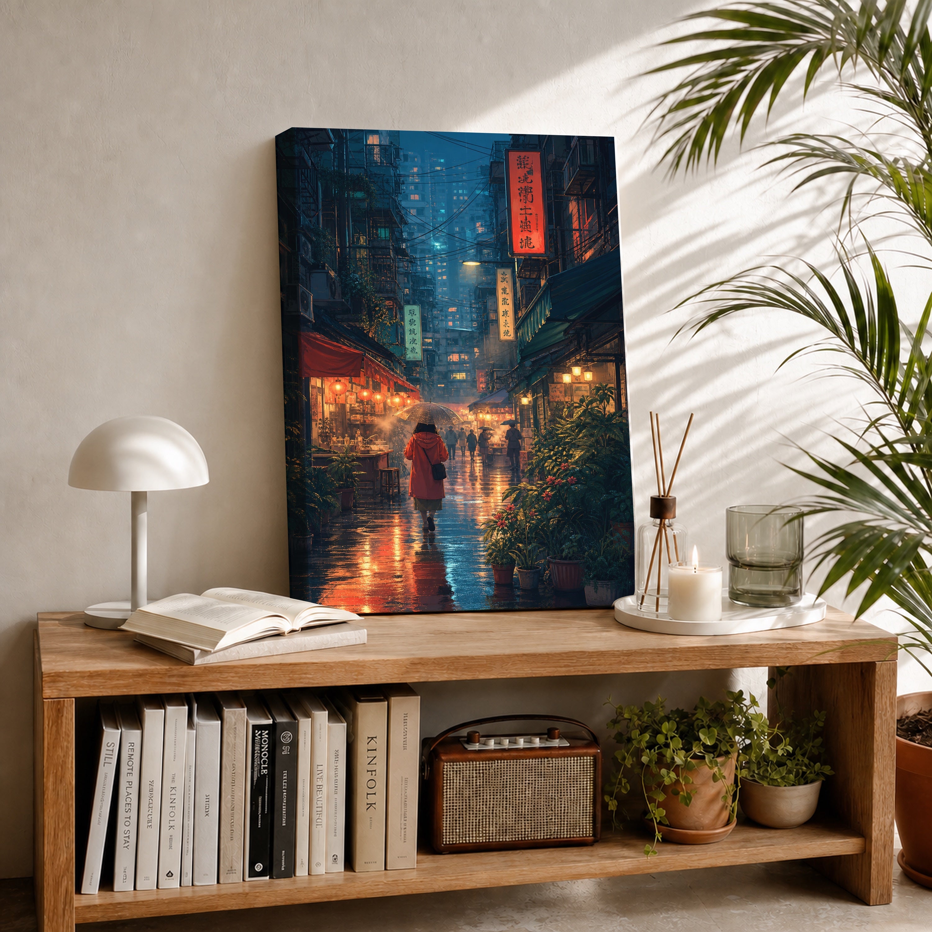 Mong Kok Red Coat Rain Alley canvas room mockup by Seji Art