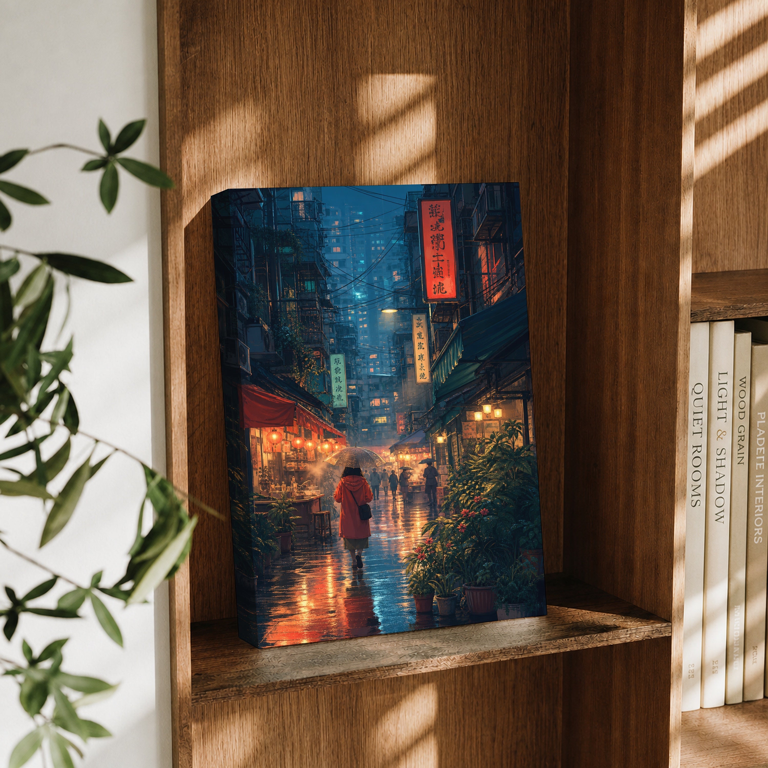 Mong Kok Red Coat Rain Alley canvas wall art decor mockup by Seji Art