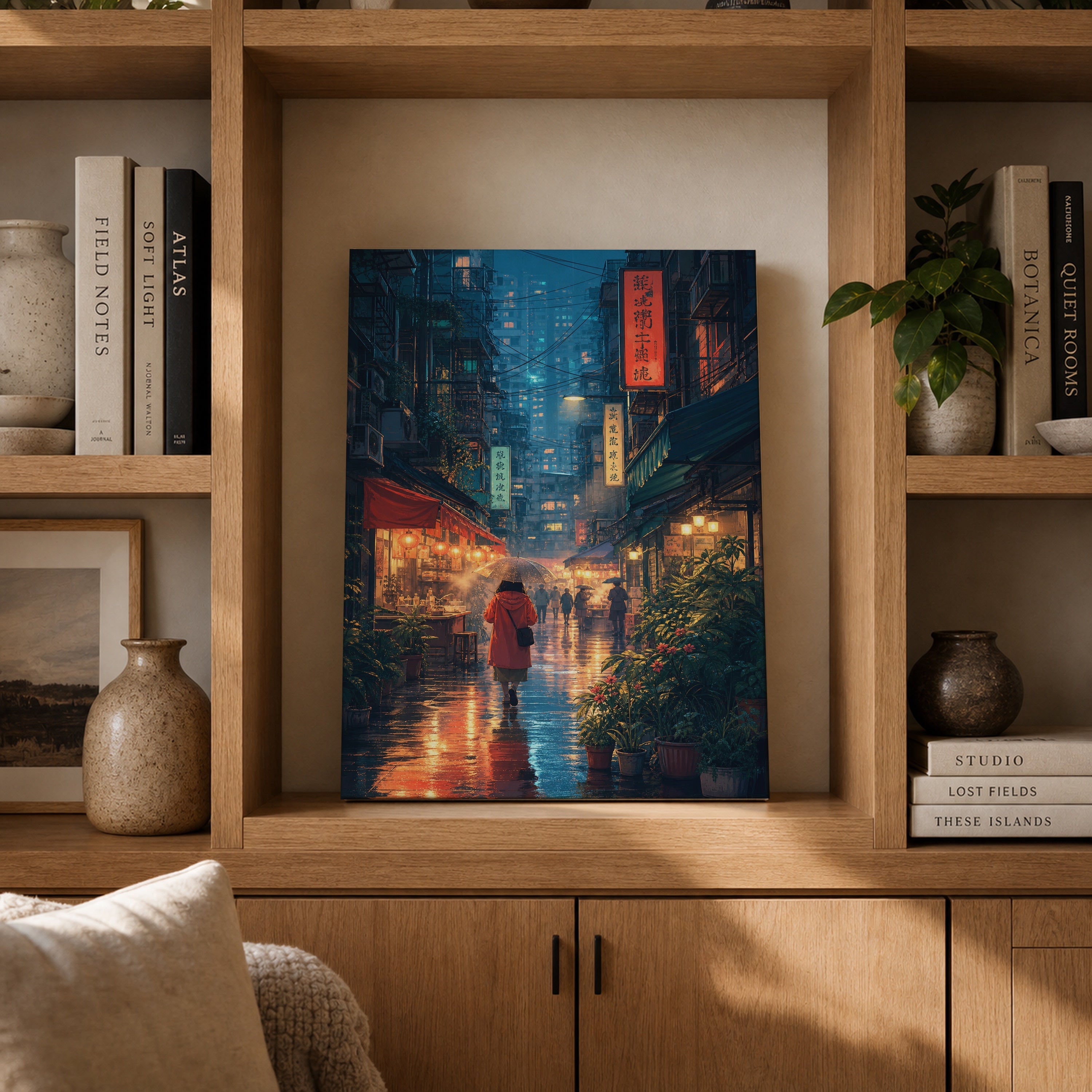Mong Kok Red Coat Rain Alley canvas gallery shelf mockup by Seji Art