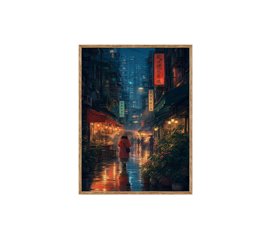 Mong Kok Red Coat Rain Alley poster print preview by Seji Art