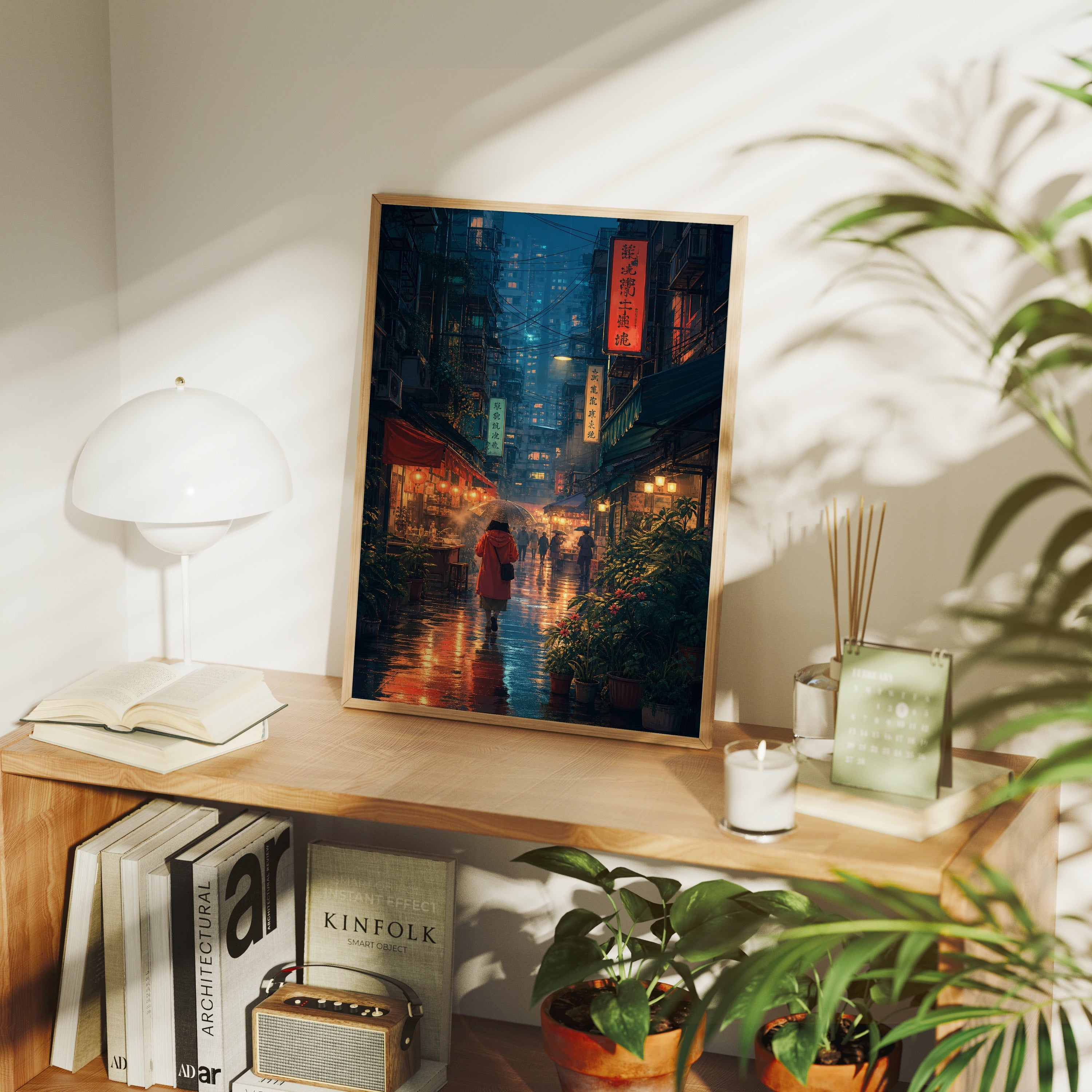 Mong Kok Red Coat Rain Alley poster framed room mockup by Seji Art