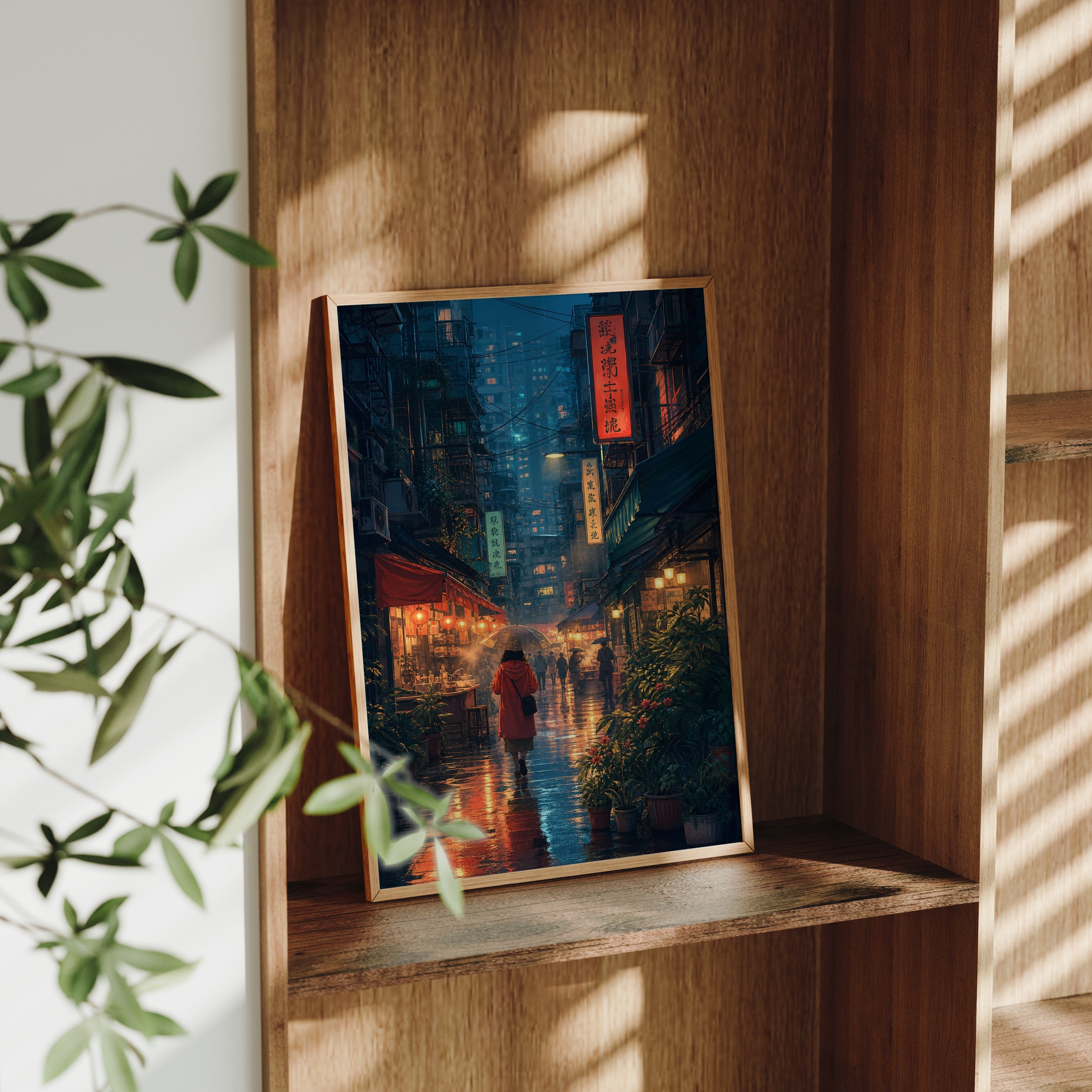 Mong Kok Red Coat Rain Alley poster gallery shelf mockup by Seji Art