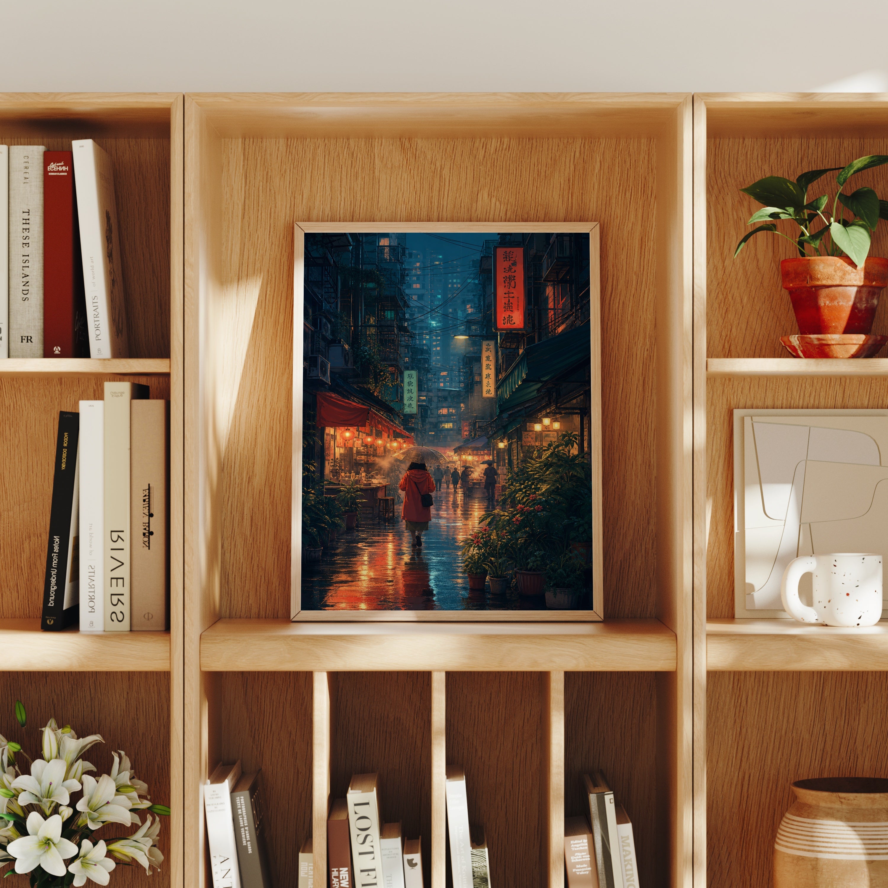Mong Kok Red Coat Rain Alley poster home decor mockup by Seji Art