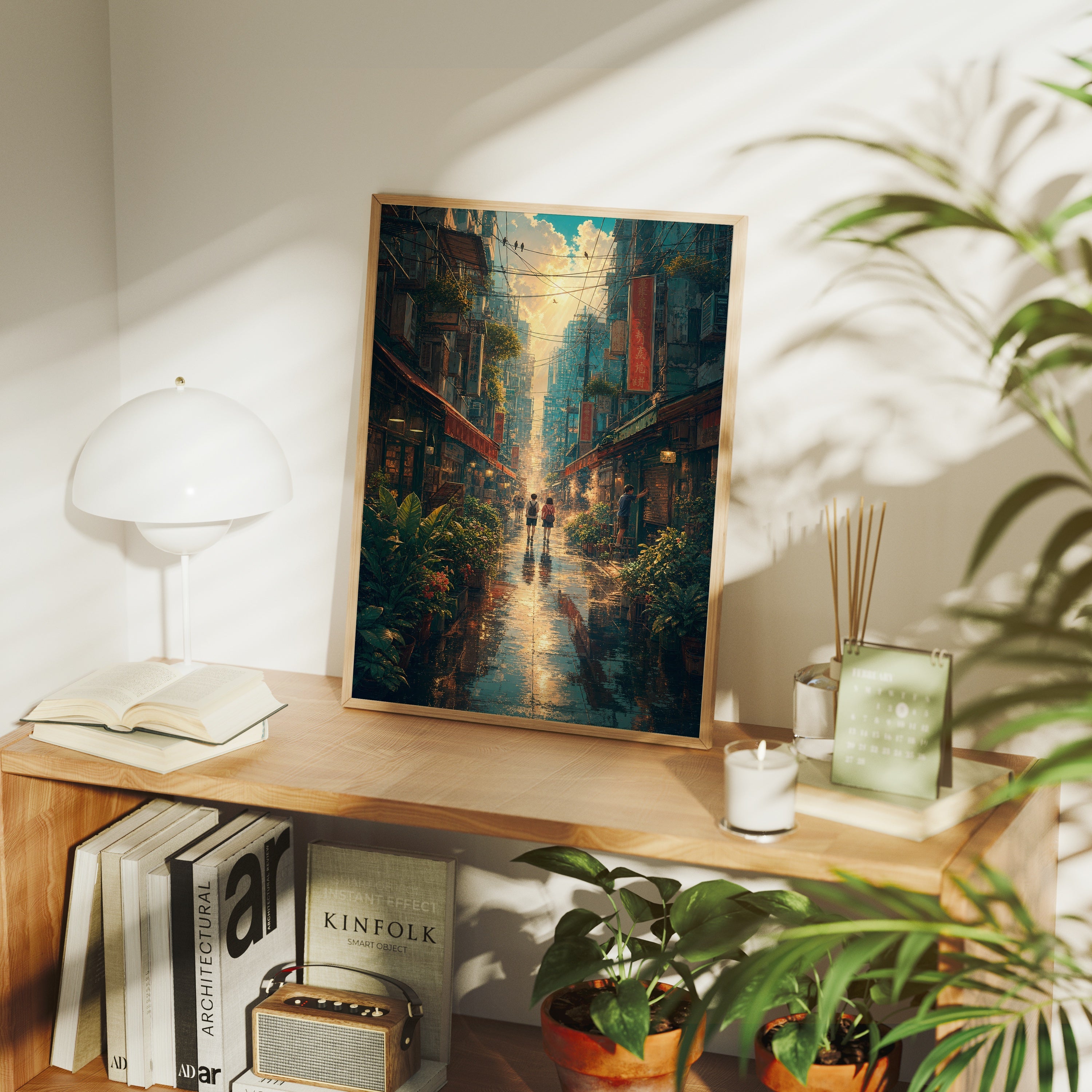 Mong Kok Sun Shower Market Street poster framed room mockup by Seji Art