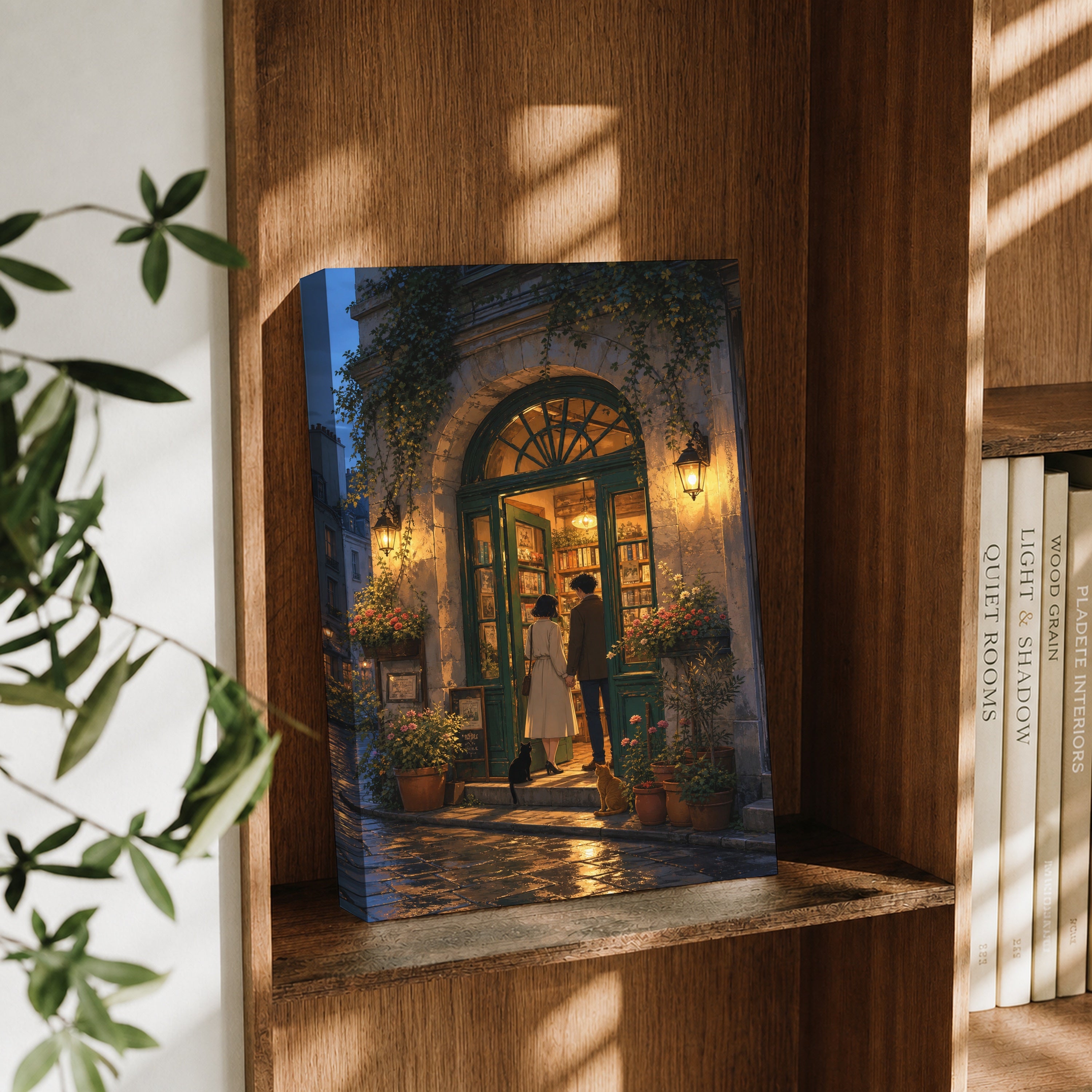 Montmartre Archway Bookstore Evening canvas wall art decor mockup by Seji Art