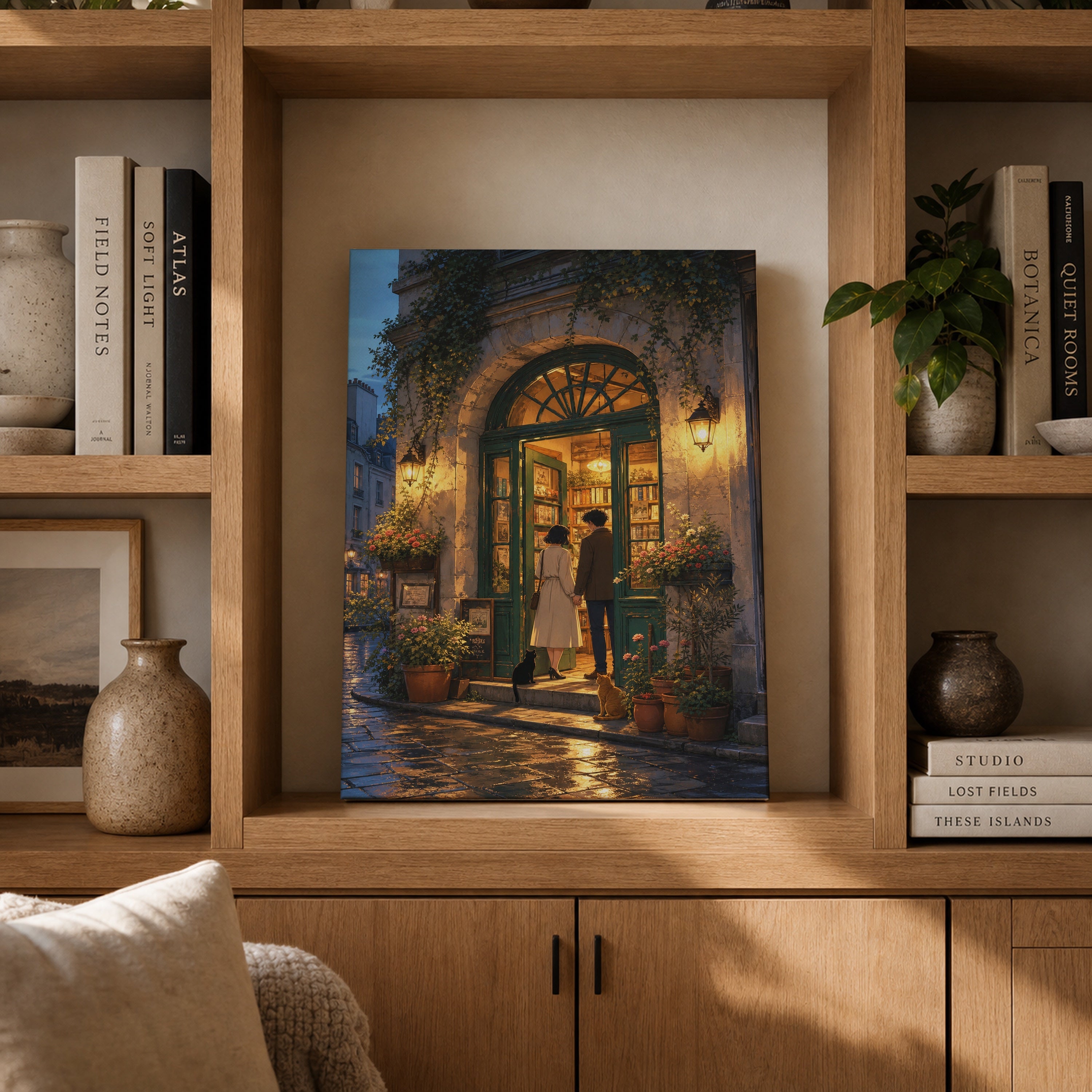 Montmartre Archway Bookstore Evening canvas gallery shelf mockup by Seji Art