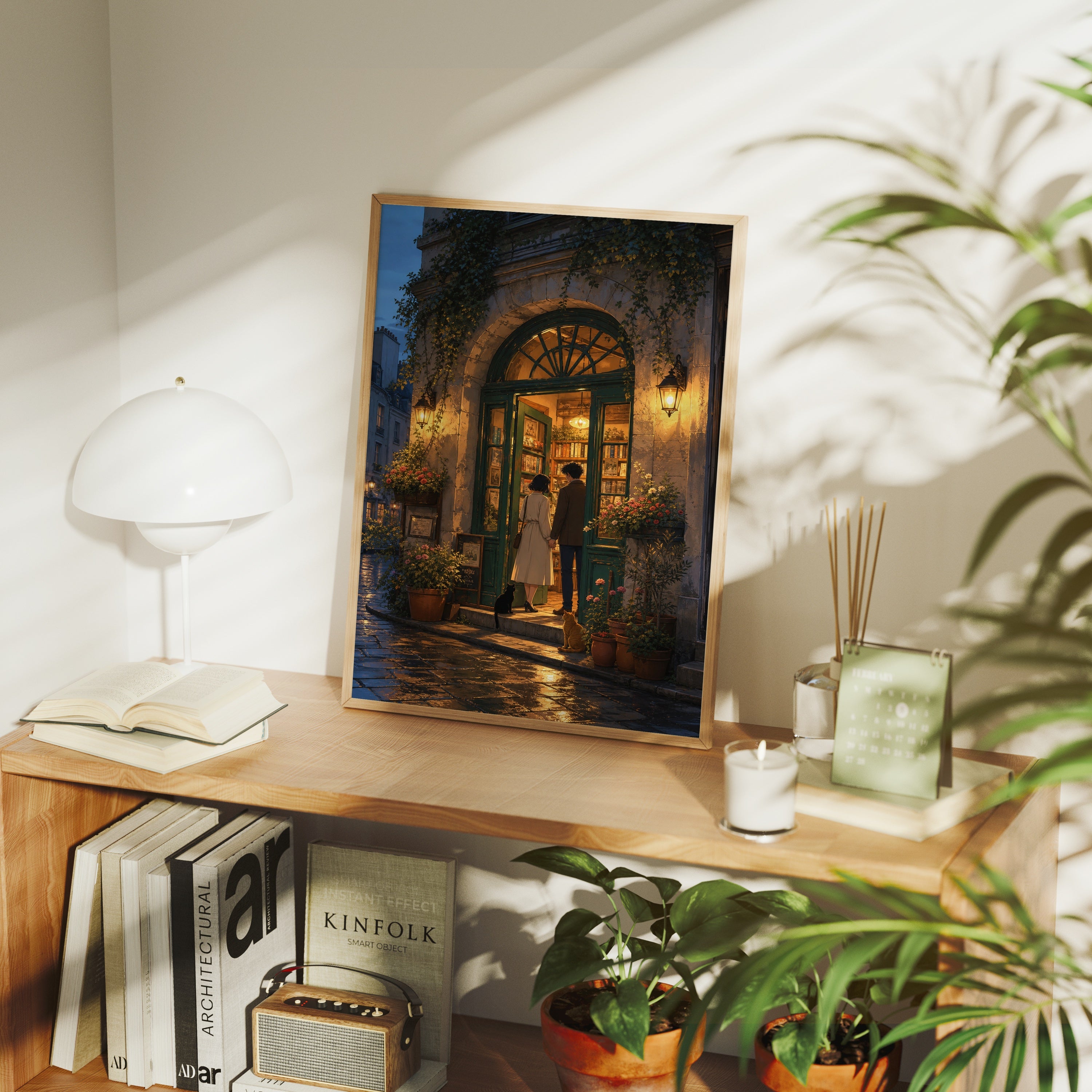 Montmartre Archway Bookstore Evening poster framed room mockup by Seji Art