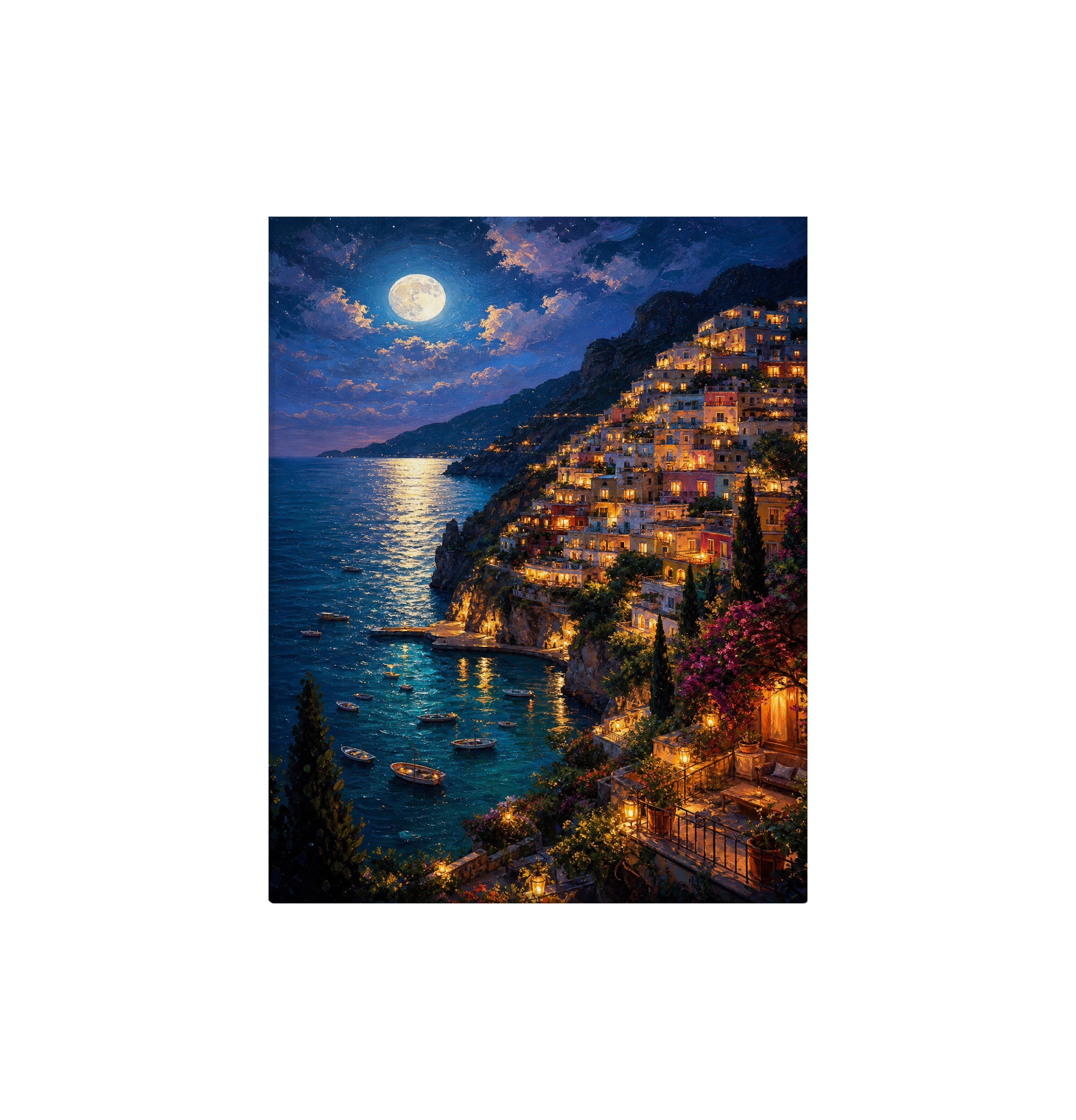 Moonlit Amalfi Coast Village canvas wall art preview by Seji Art