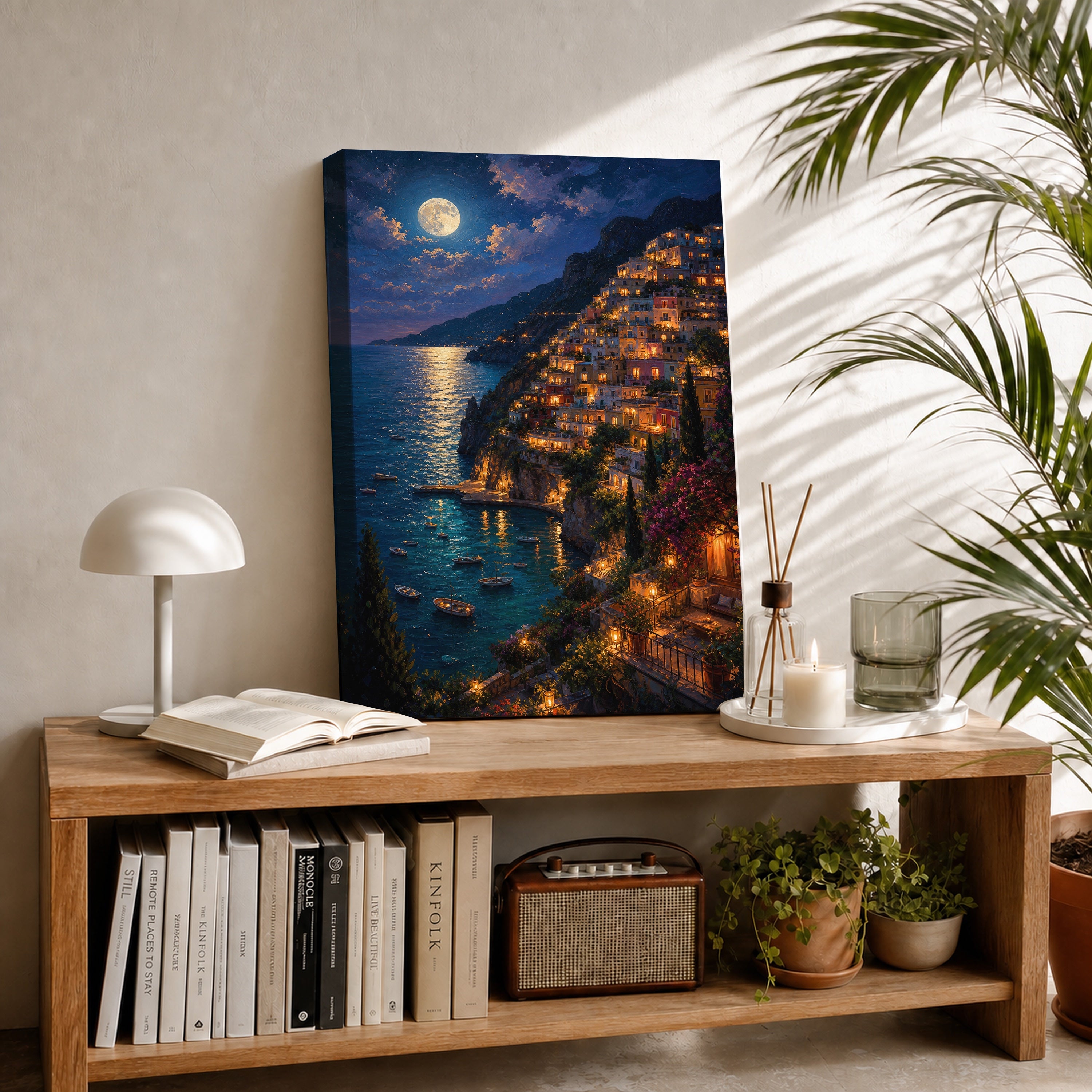 Moonlit Amalfi Coast Village canvas room mockup by Seji Art