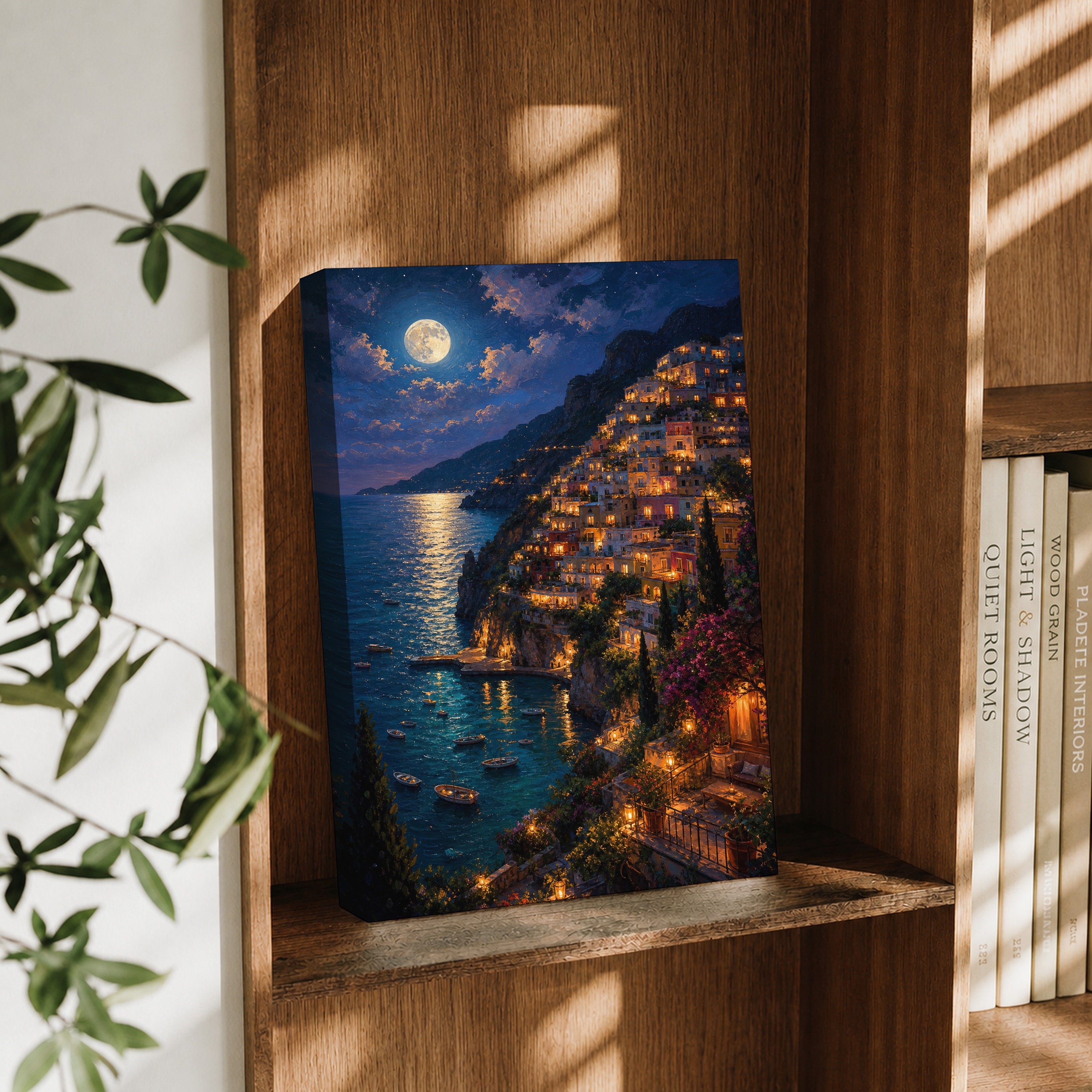 Moonlit Amalfi Coast Village canvas wall art decor mockup by Seji Art