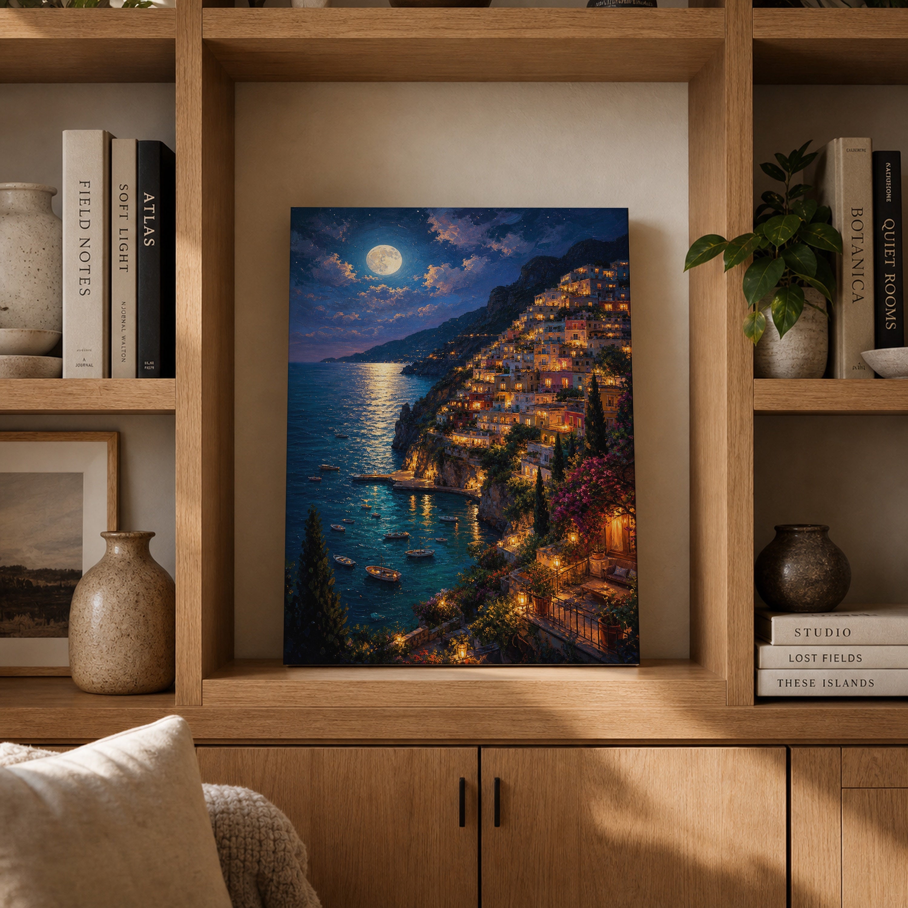 Moonlit Amalfi Coast Village canvas gallery shelf mockup by Seji Art
