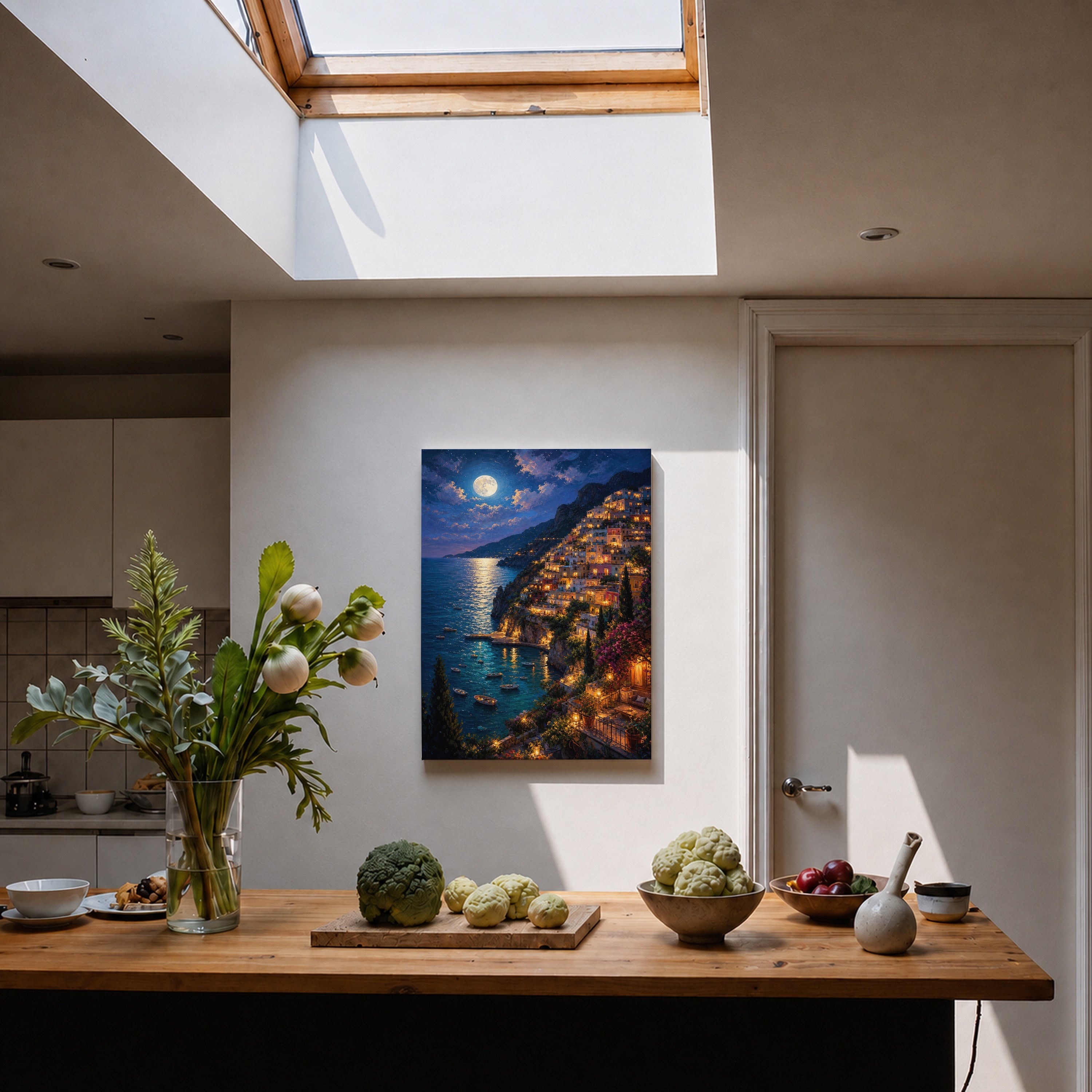 Moonlit Amalfi Coast Village canvas home decor mockup by Seji Art
