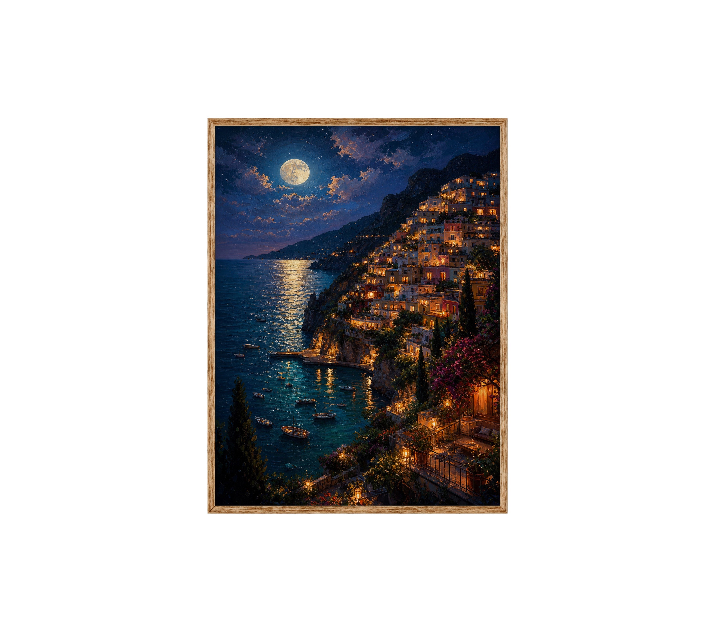 Moonlit Amalfi Coast Village poster print preview by Seji Art