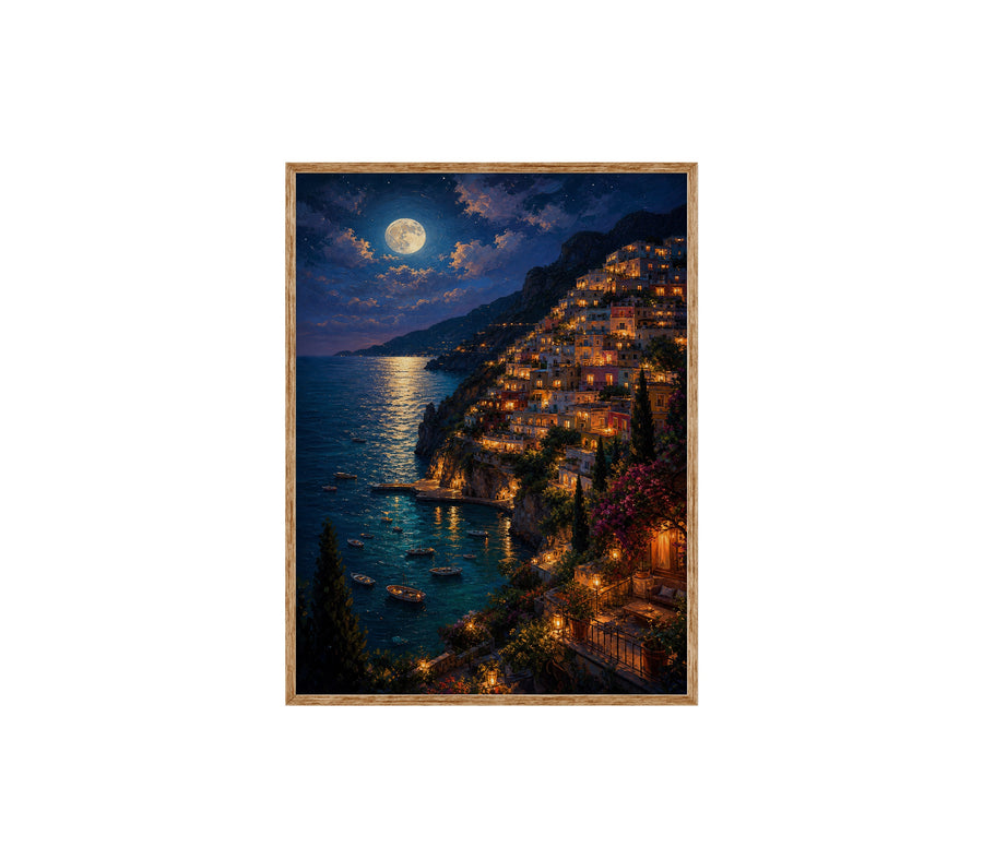 Moonlit Amalfi Coast Village poster print preview by Seji Art