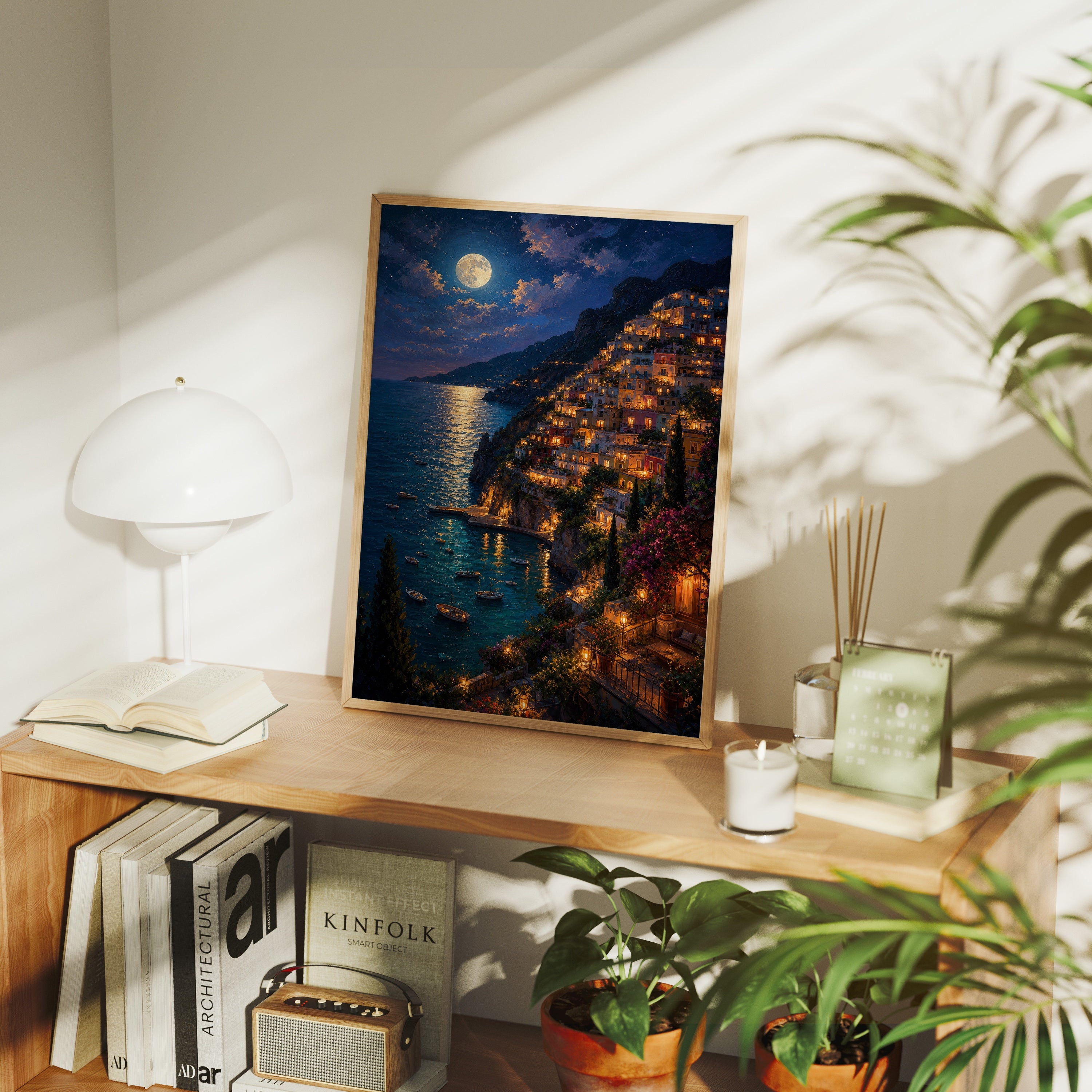 Moonlit Amalfi Coast Village poster framed room mockup by Seji Art