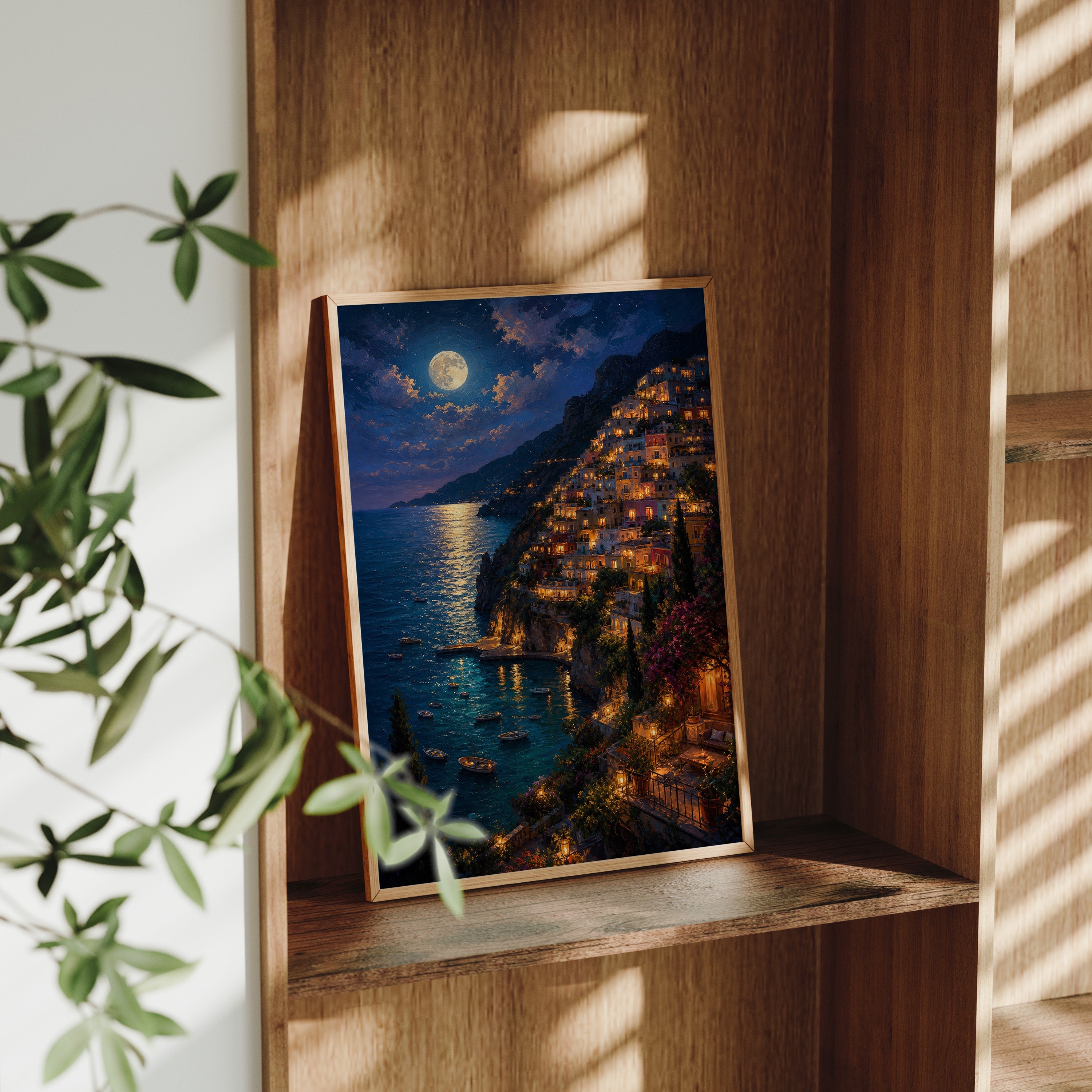 Moonlit Amalfi Coast Village poster gallery shelf mockup by Seji Art