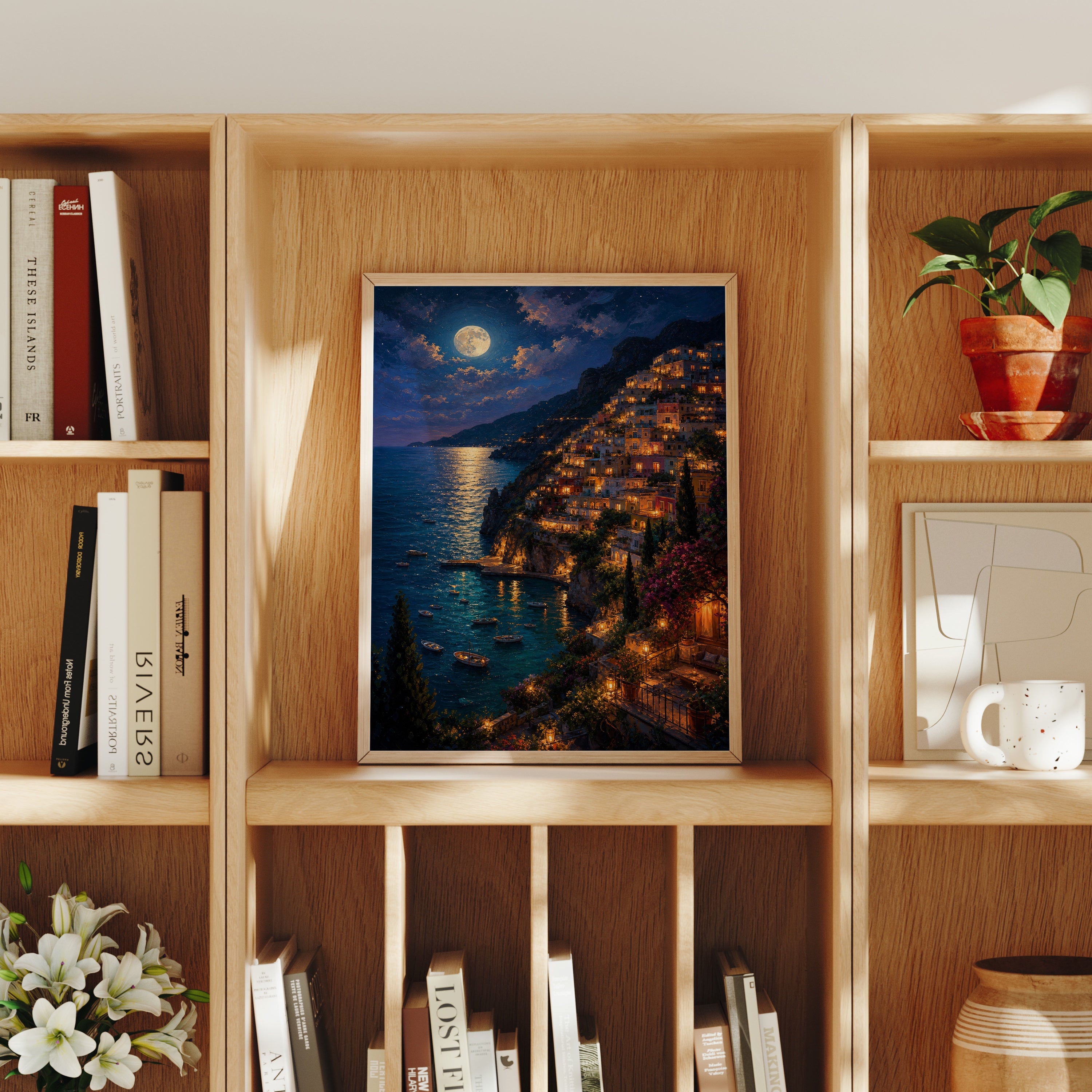 Moonlit Amalfi Coast Village poster home decor mockup by Seji Art