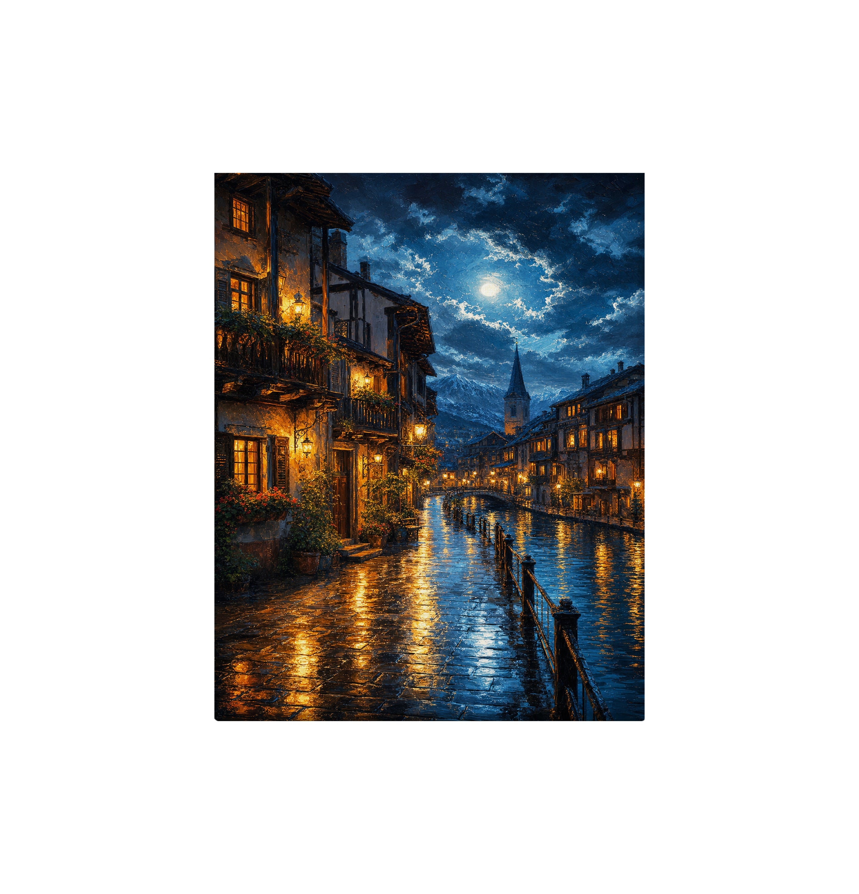 Moonlit Canal Rain Street canvas wall art preview by Seji Art