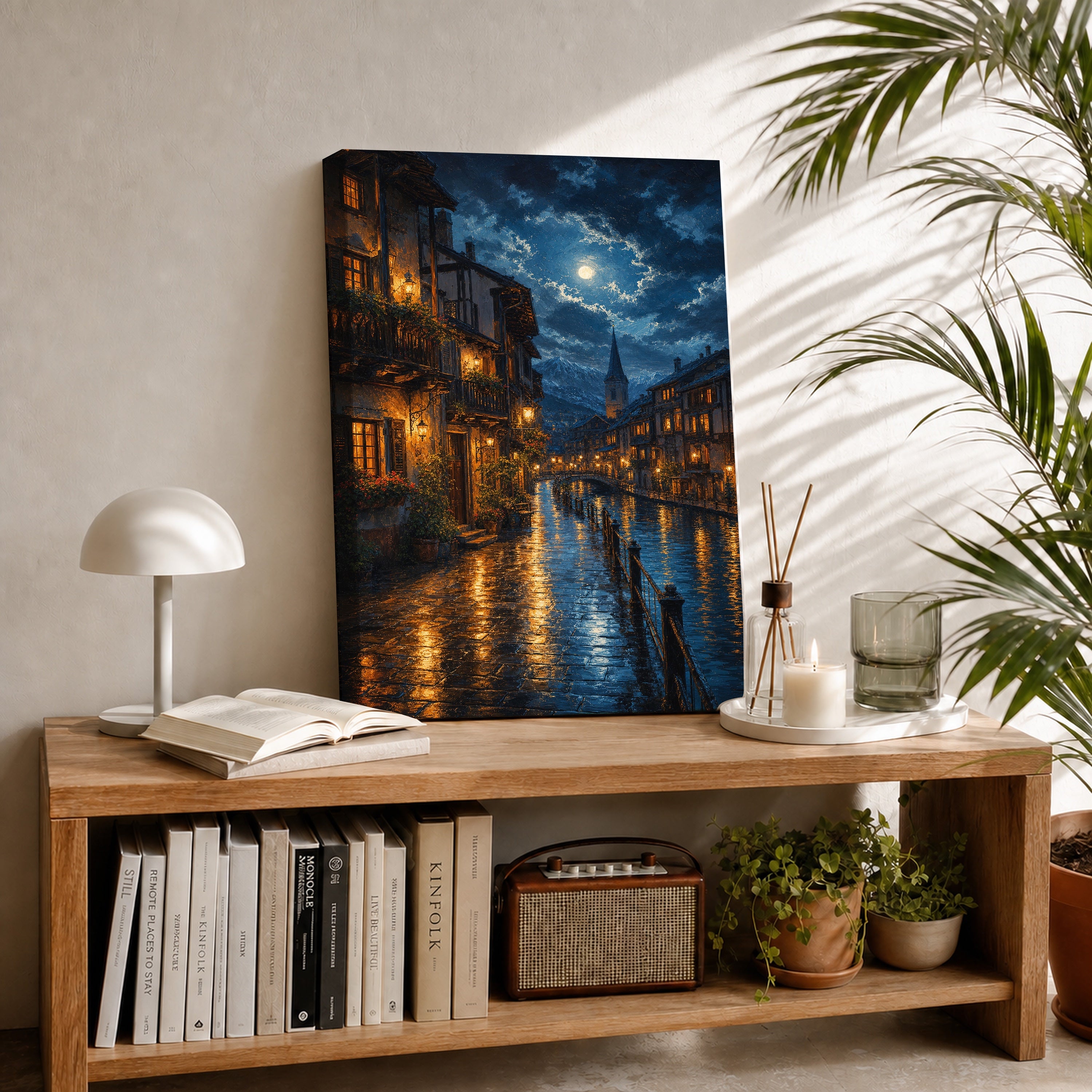 Moonlit Canal Rain Street canvas room mockup by Seji Art