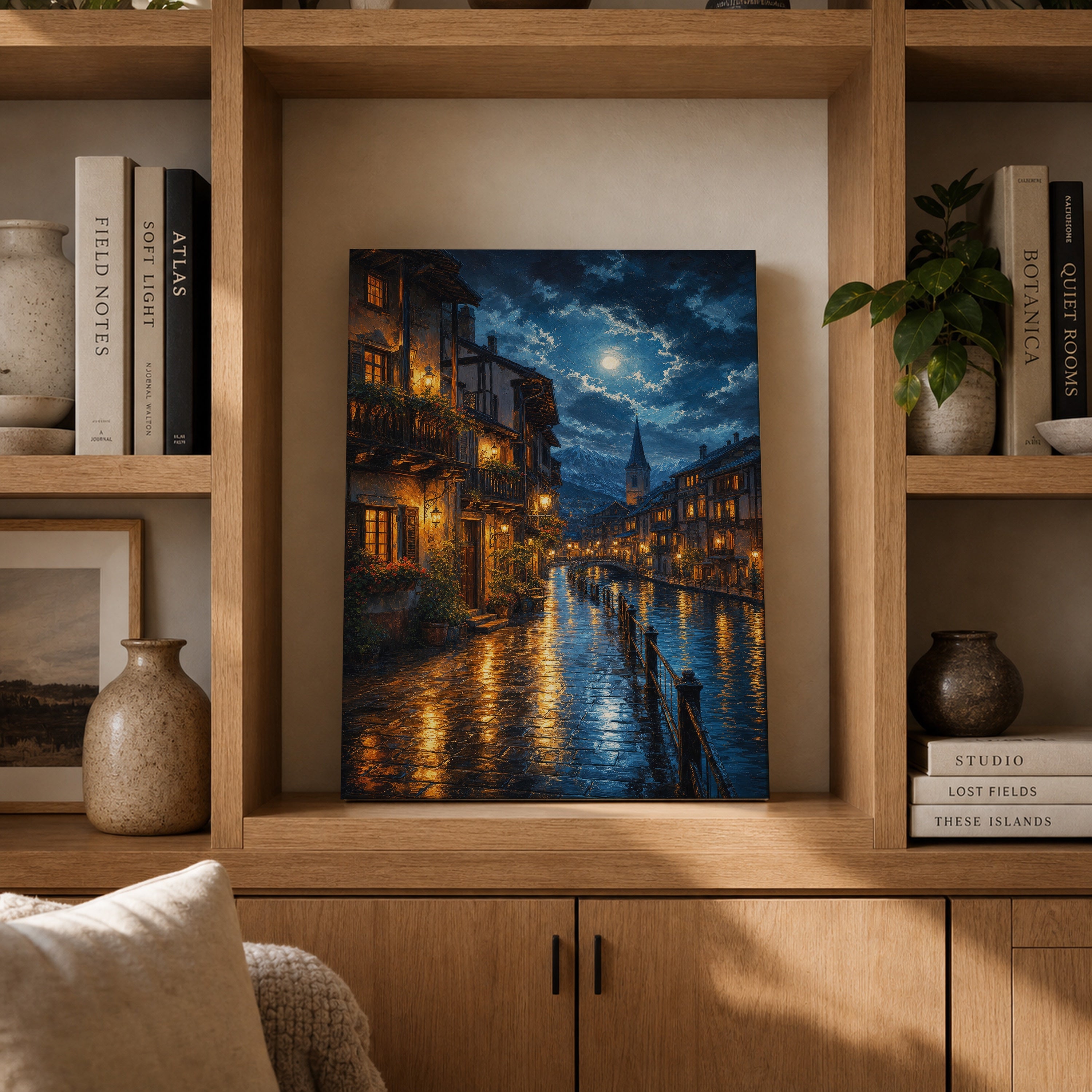 Moonlit Canal Rain Street canvas gallery shelf mockup by Seji Art