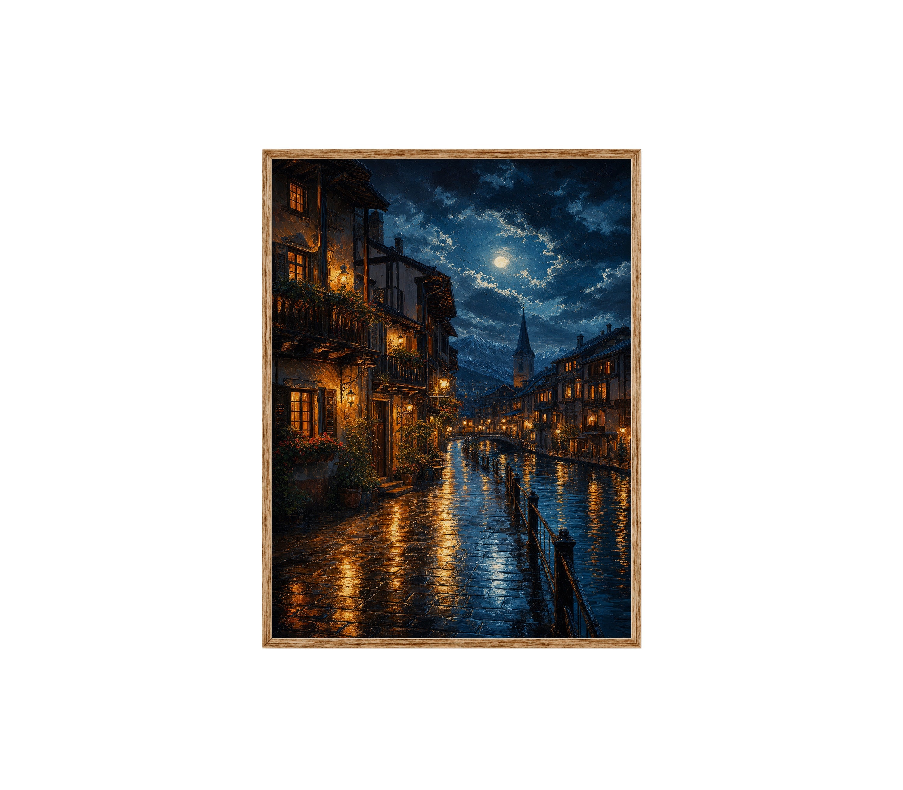 Moonlit Canal Rain Street poster print preview by Seji Art