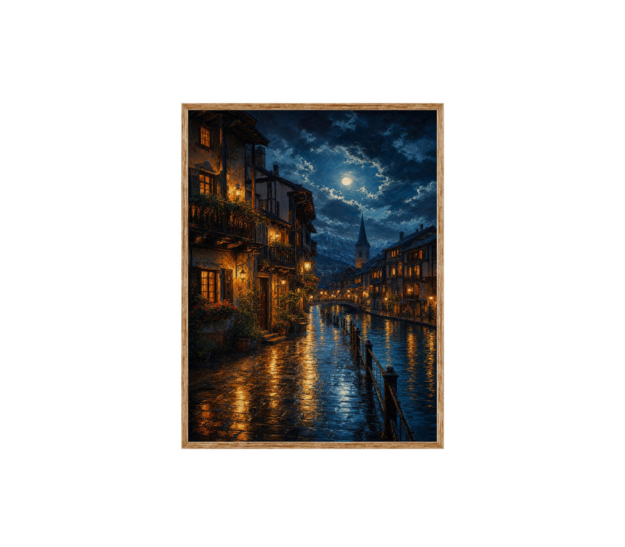 Moonlit Canal Rain Street poster print preview by Seji Art