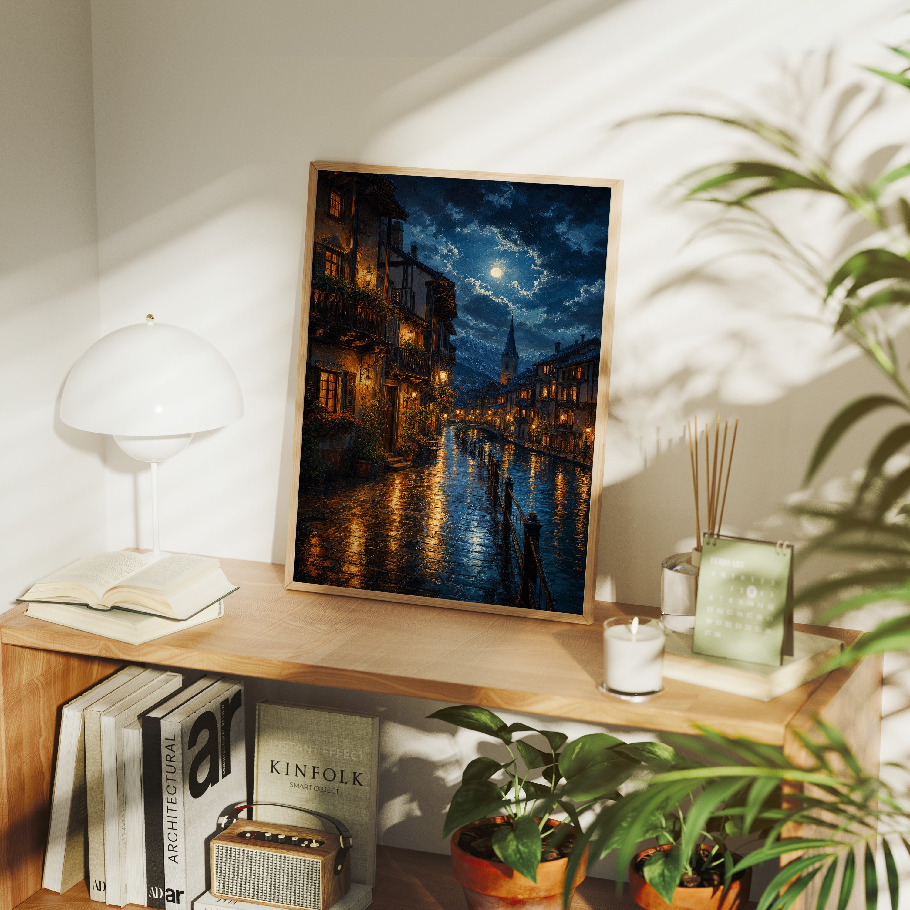Moonlit Canal Rain Street poster framed room mockup by Seji Art