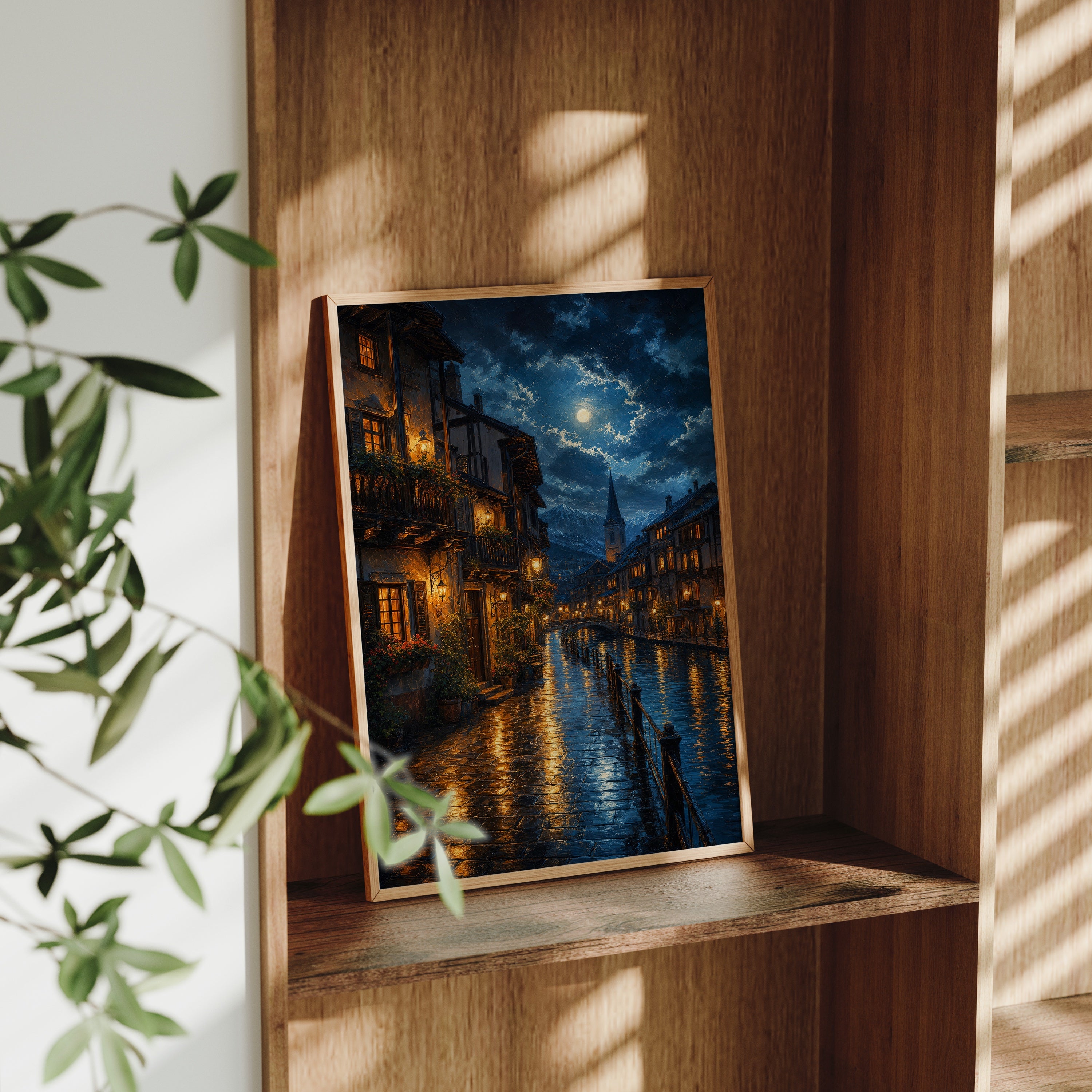 Moonlit Canal Rain Street poster gallery shelf mockup by Seji Art