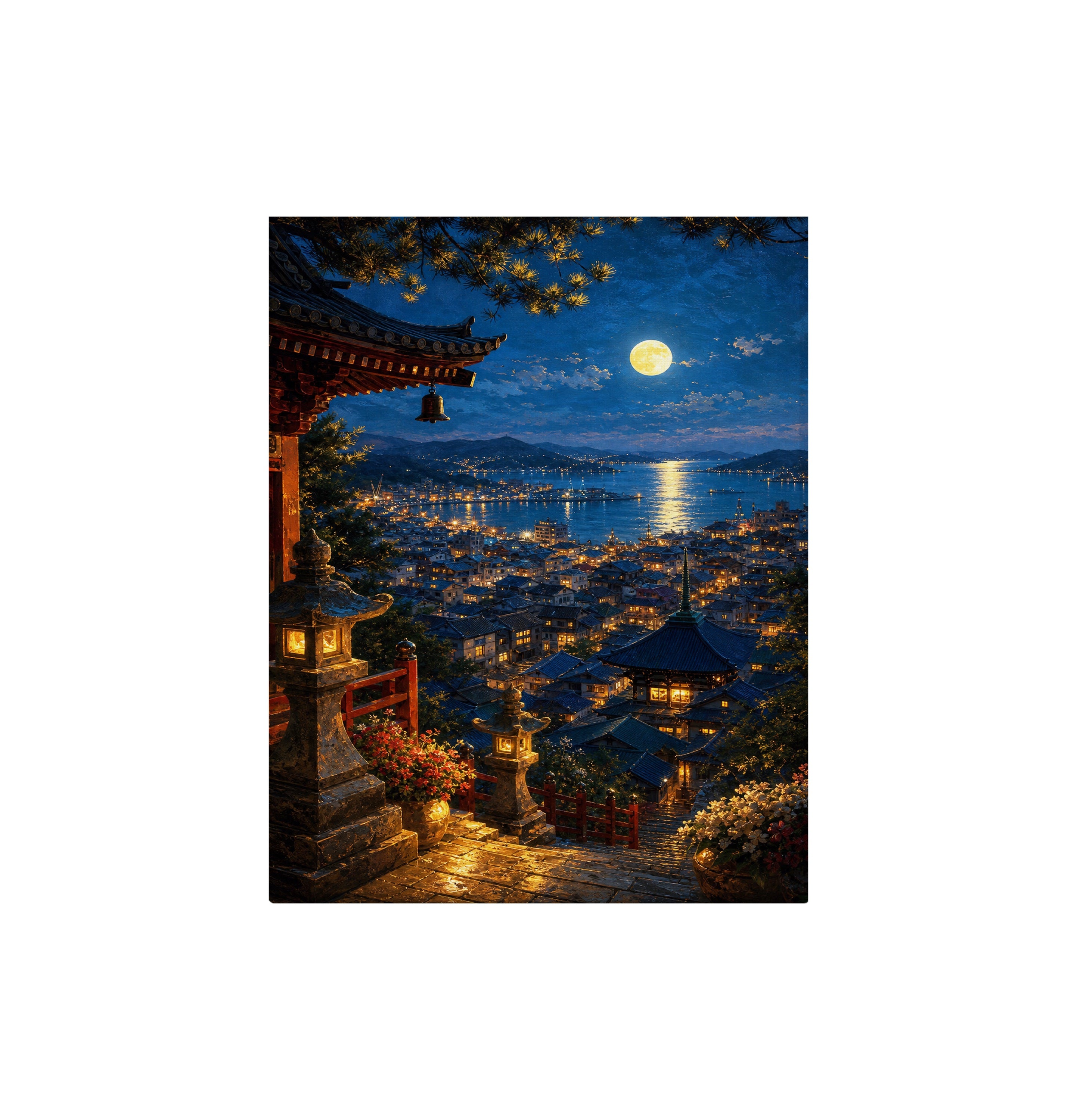 Moonlit Coastal Village Steps canvas wall art preview by Seji Art