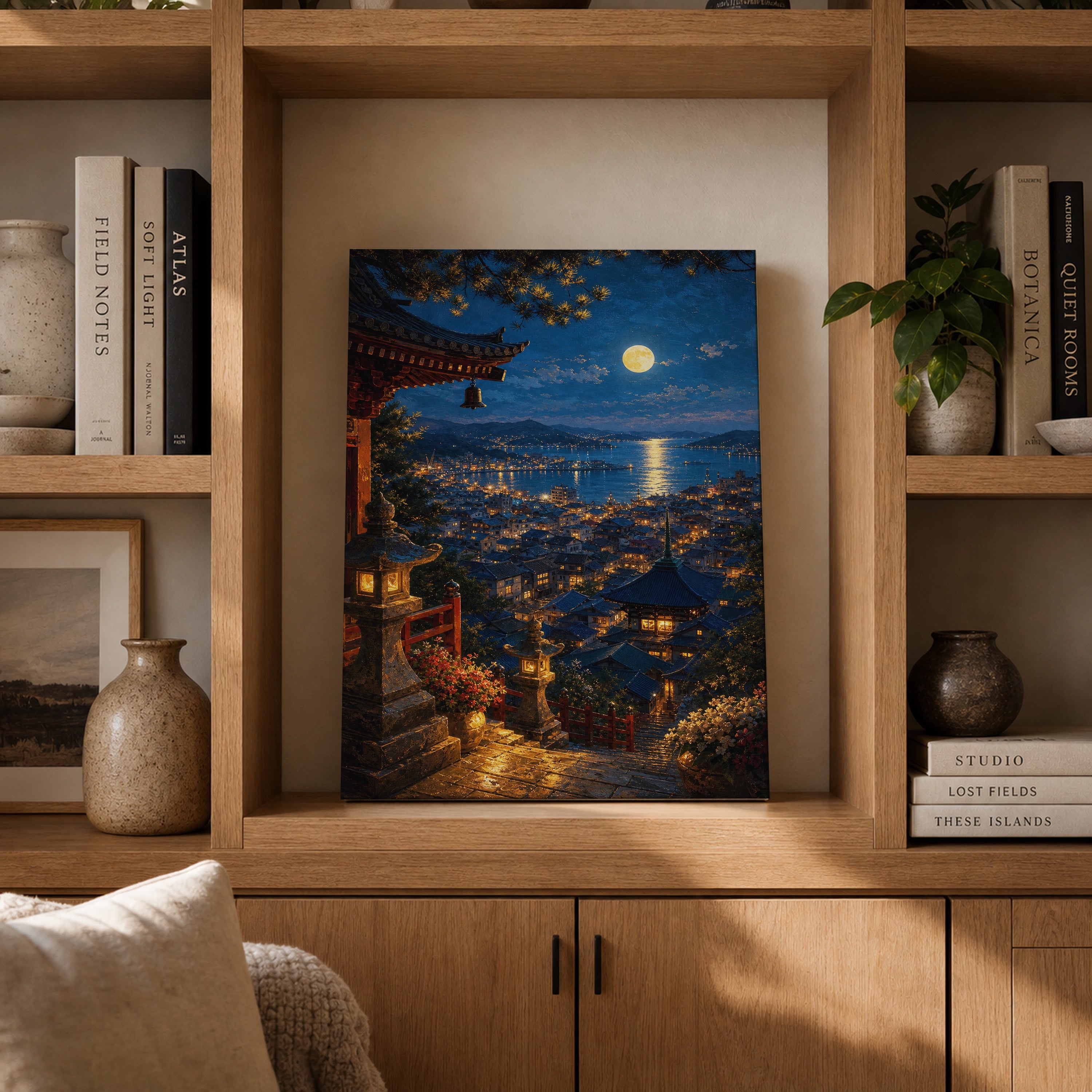 Moonlit Coastal Village Steps canvas gallery shelf mockup by Seji Art