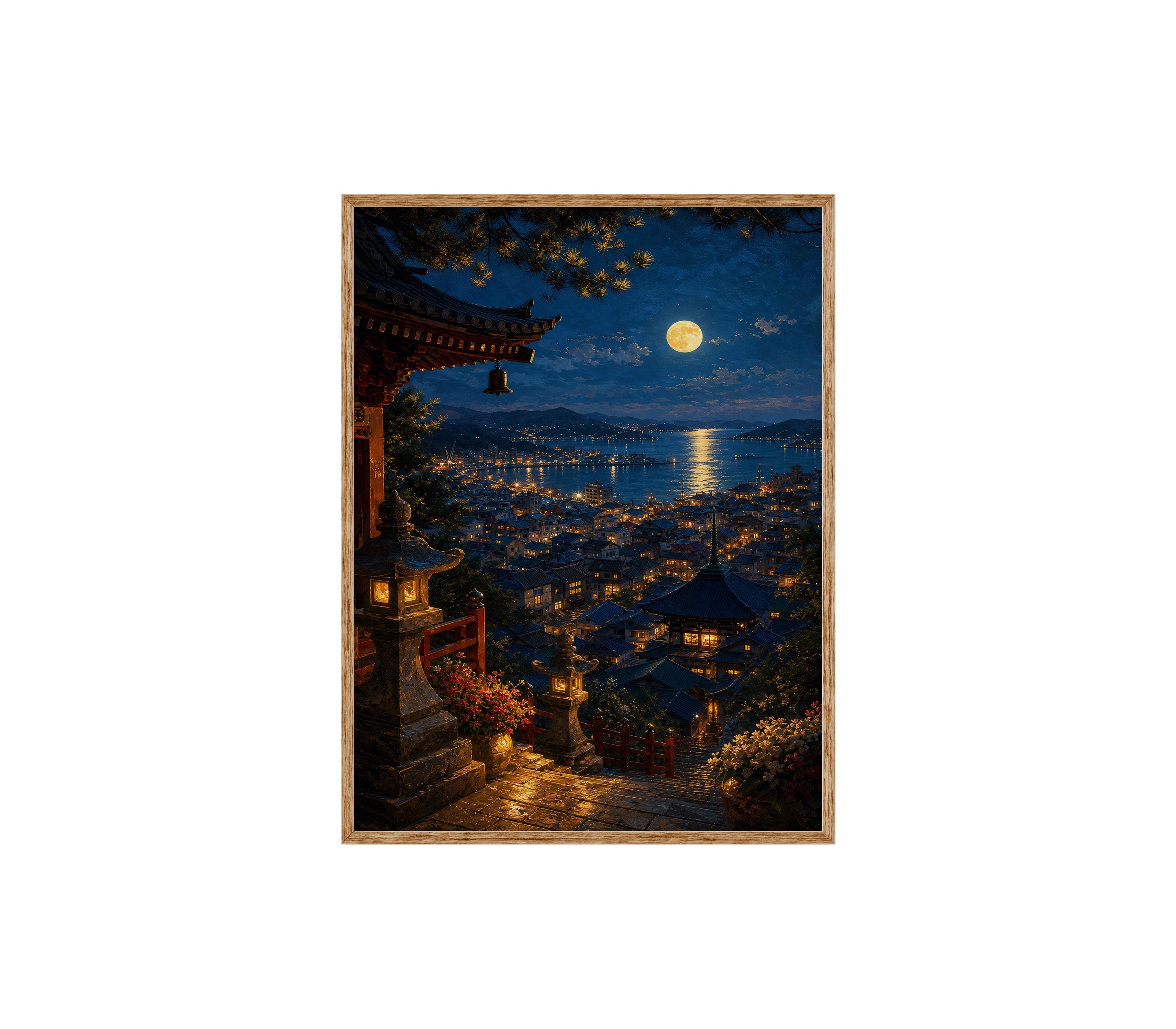 Moonlit Coastal Village Steps poster print preview by Seji Art