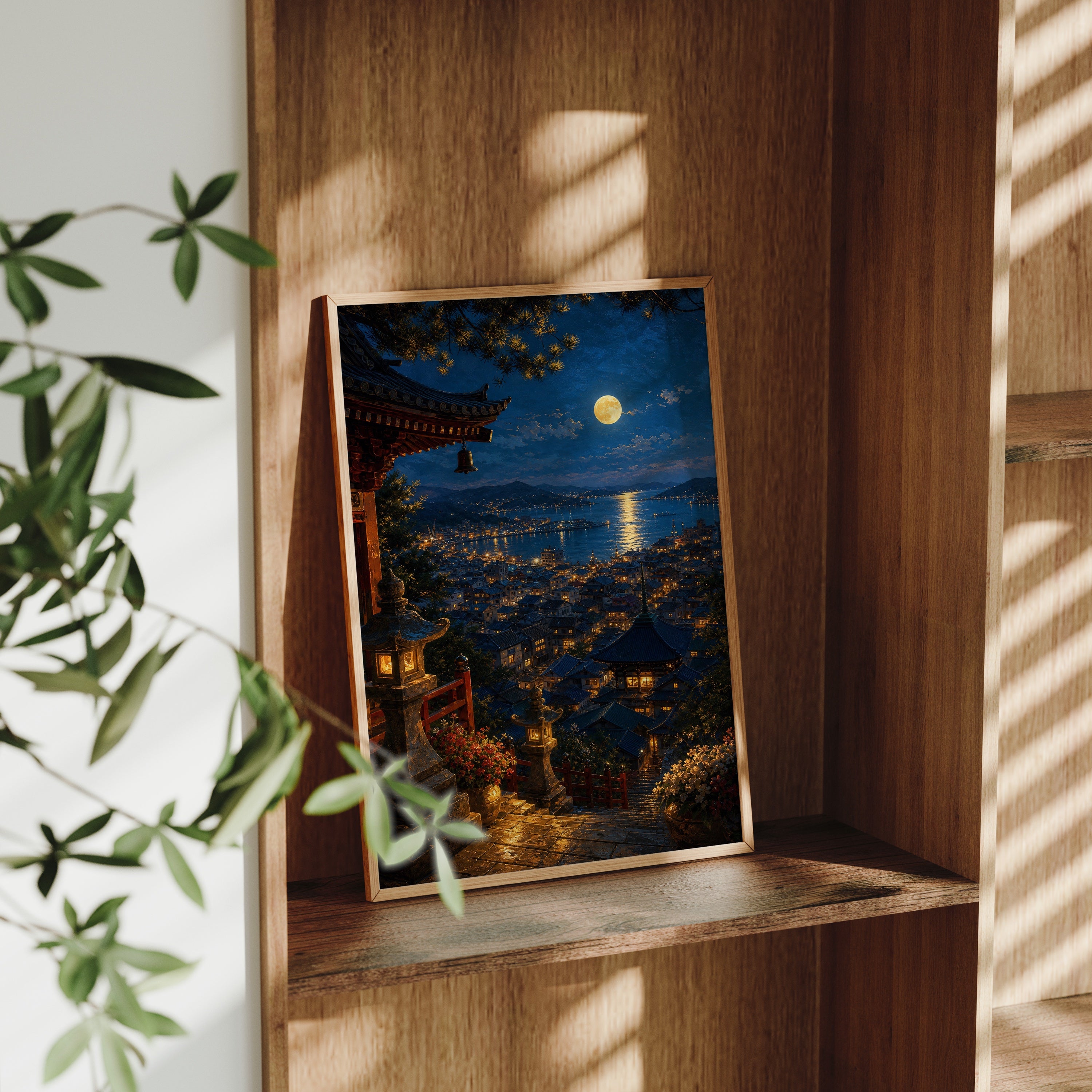 Moonlit Coastal Village Steps poster gallery shelf mockup by Seji Art