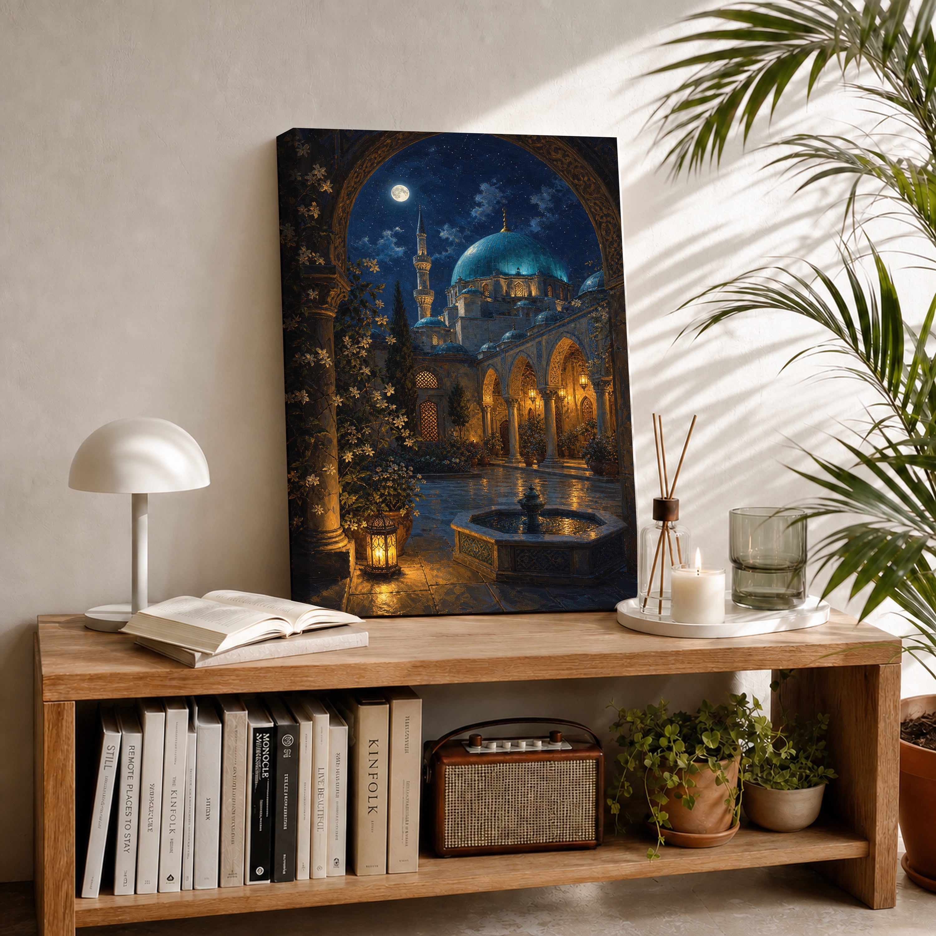 Moonlit Istanbul Courtyard canvas room mockup by Seji Art