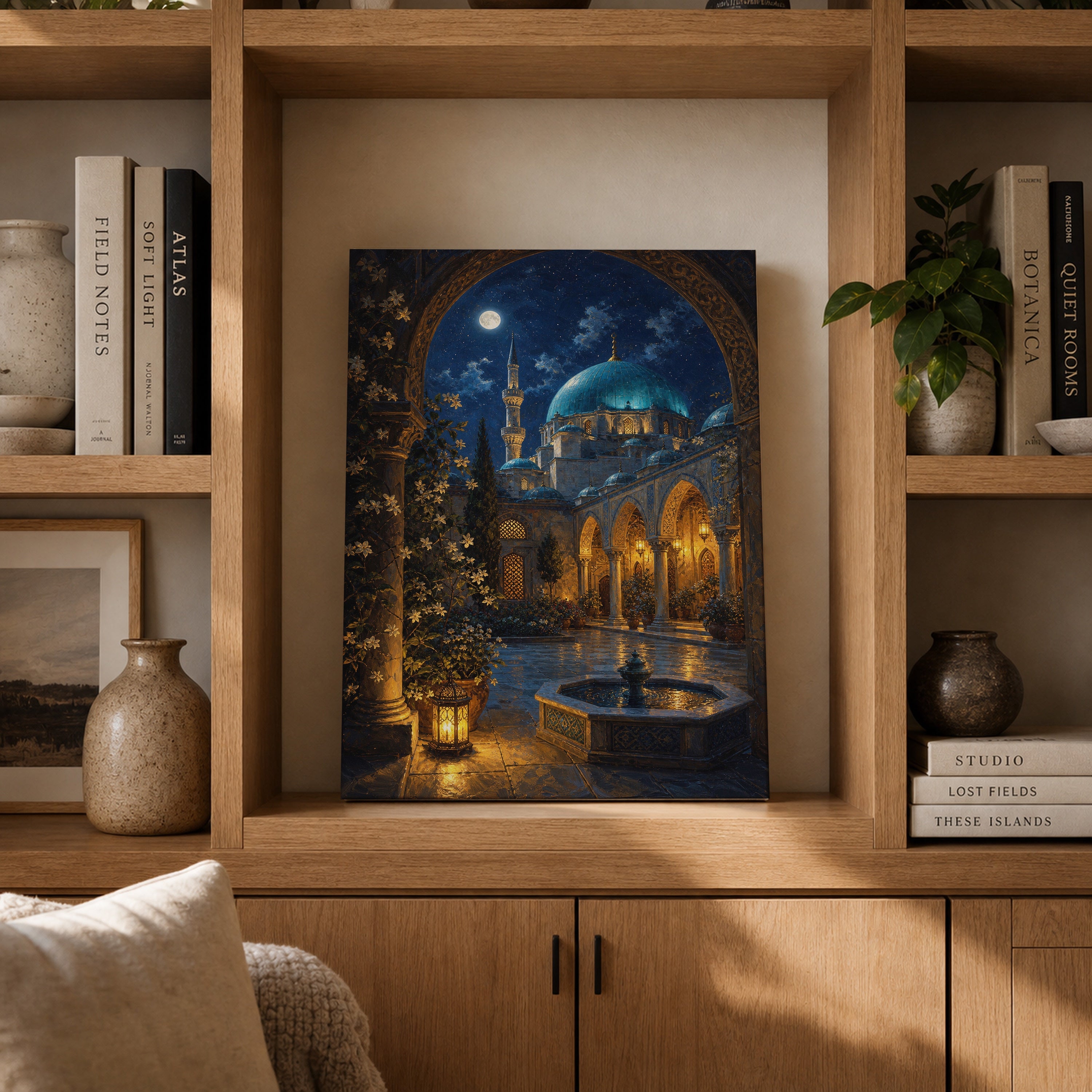 Moonlit Istanbul Courtyard canvas gallery shelf mockup by Seji Art