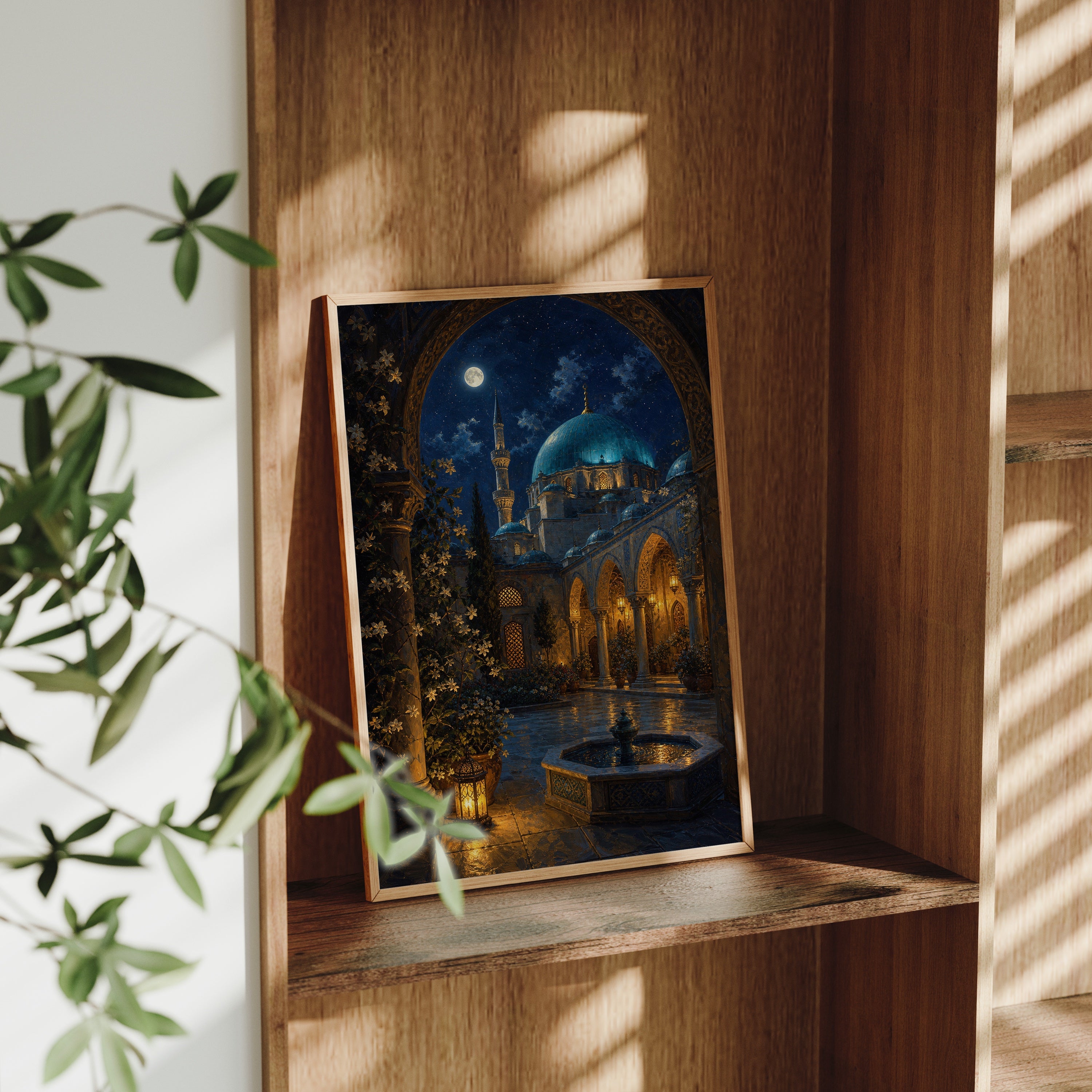 Moonlit Istanbul Courtyard poster gallery shelf mockup by Seji Art