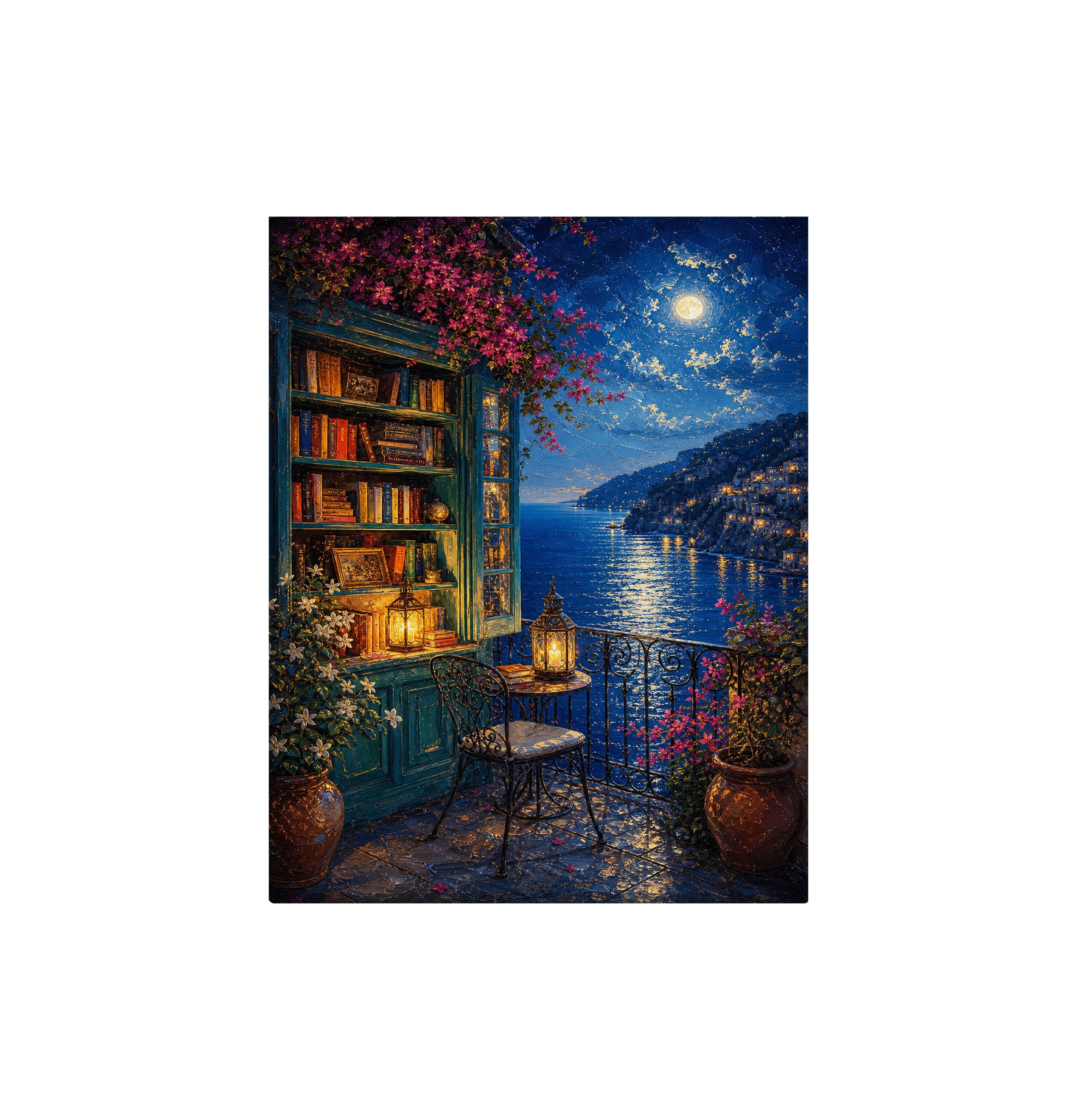 Moonlit Lakeside Bookshop canvas wall art preview by Seji Art