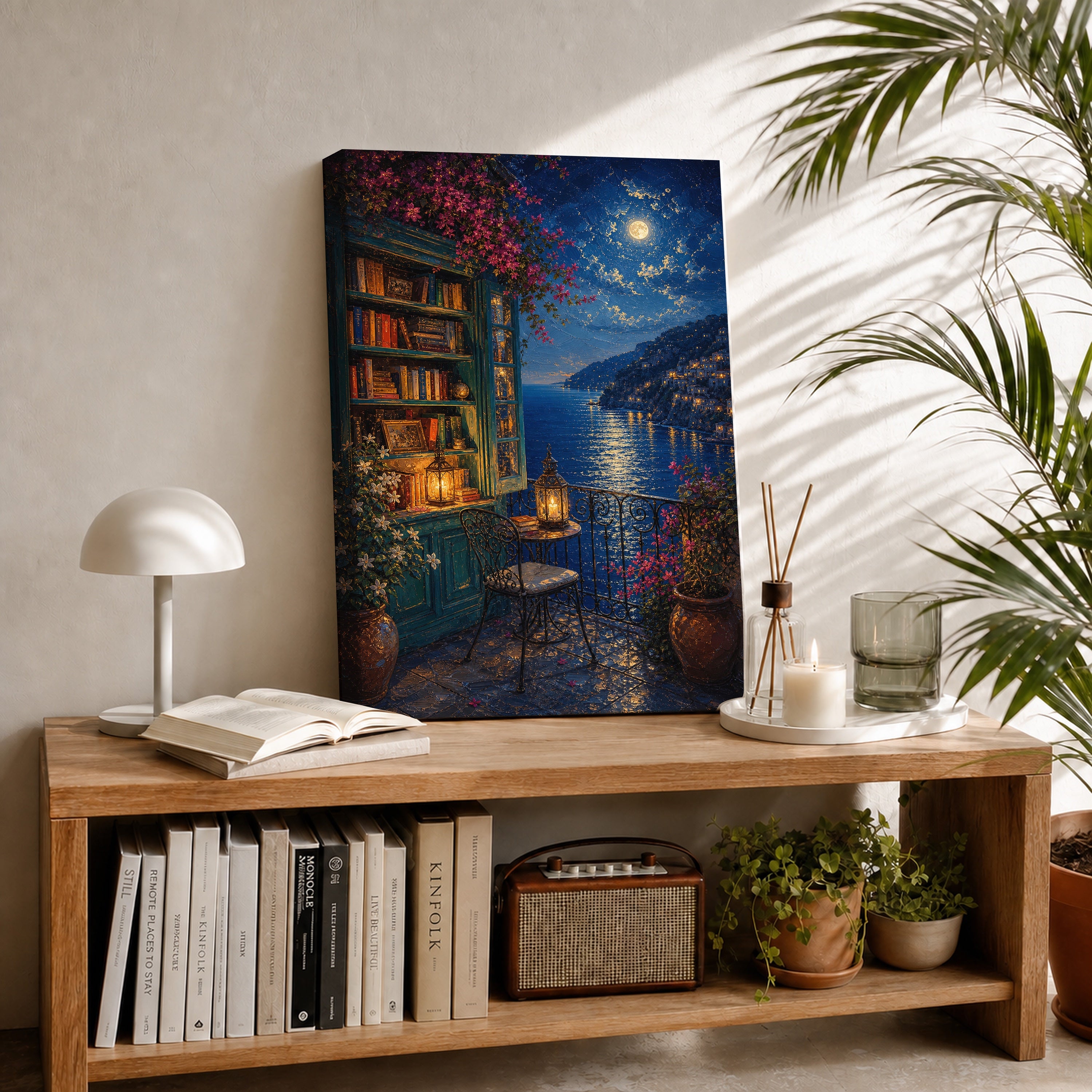 Moonlit Lakeside Bookshop canvas room mockup by Seji Art