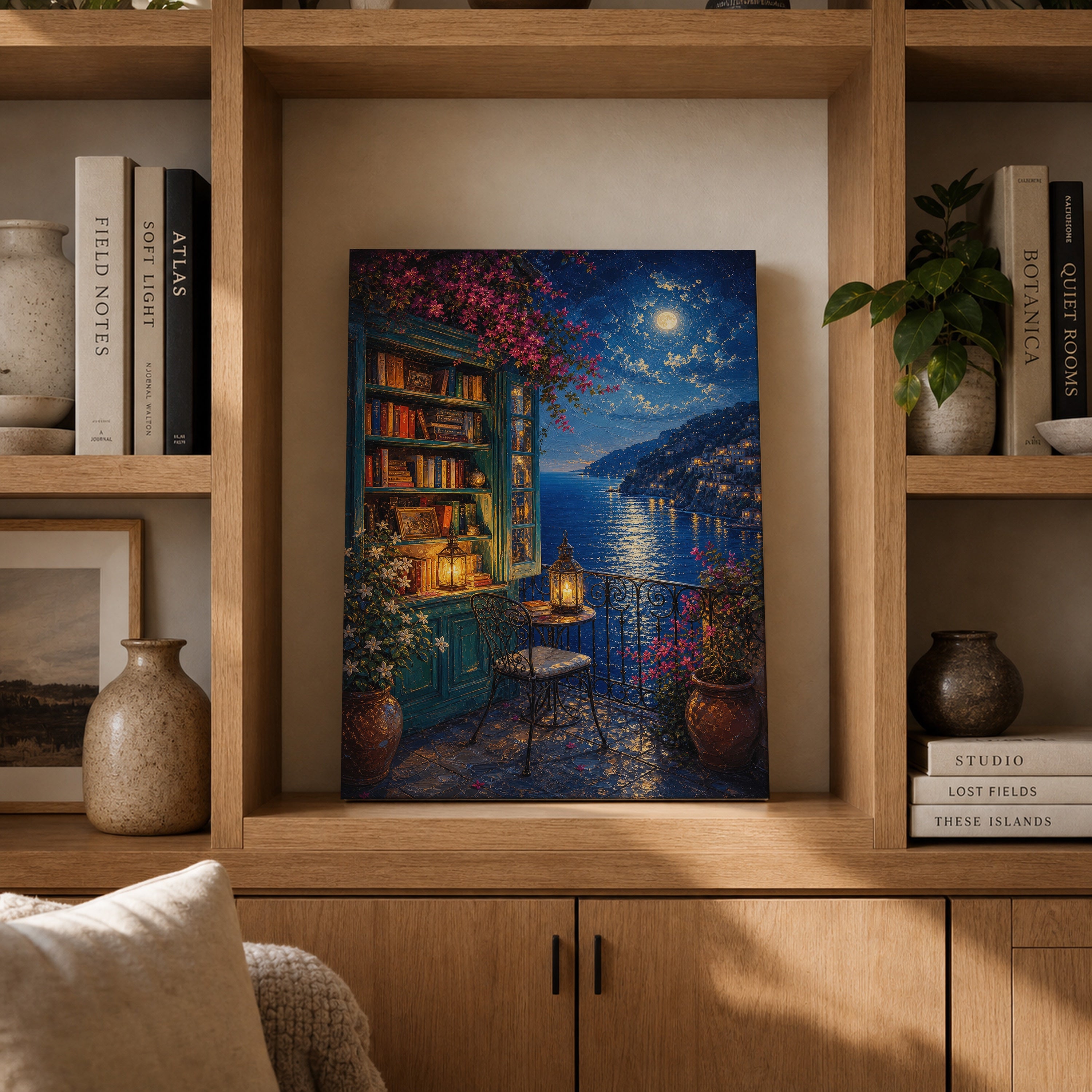 Moonlit Lakeside Bookshop canvas gallery shelf mockup by Seji Art