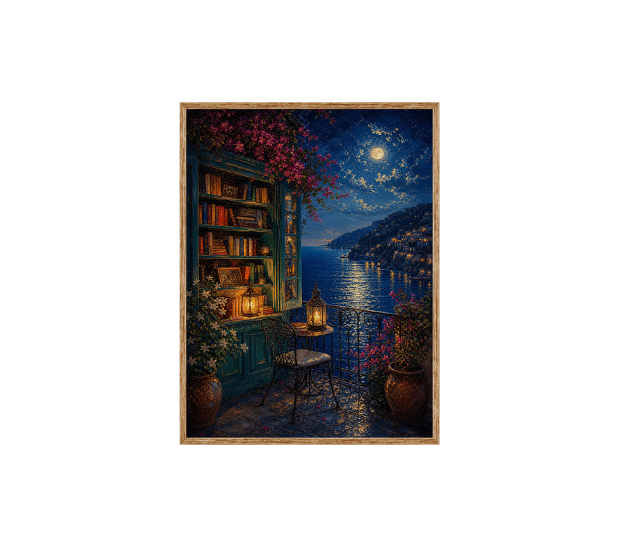 Moonlit Lakeside Bookshop poster print preview by Seji Art