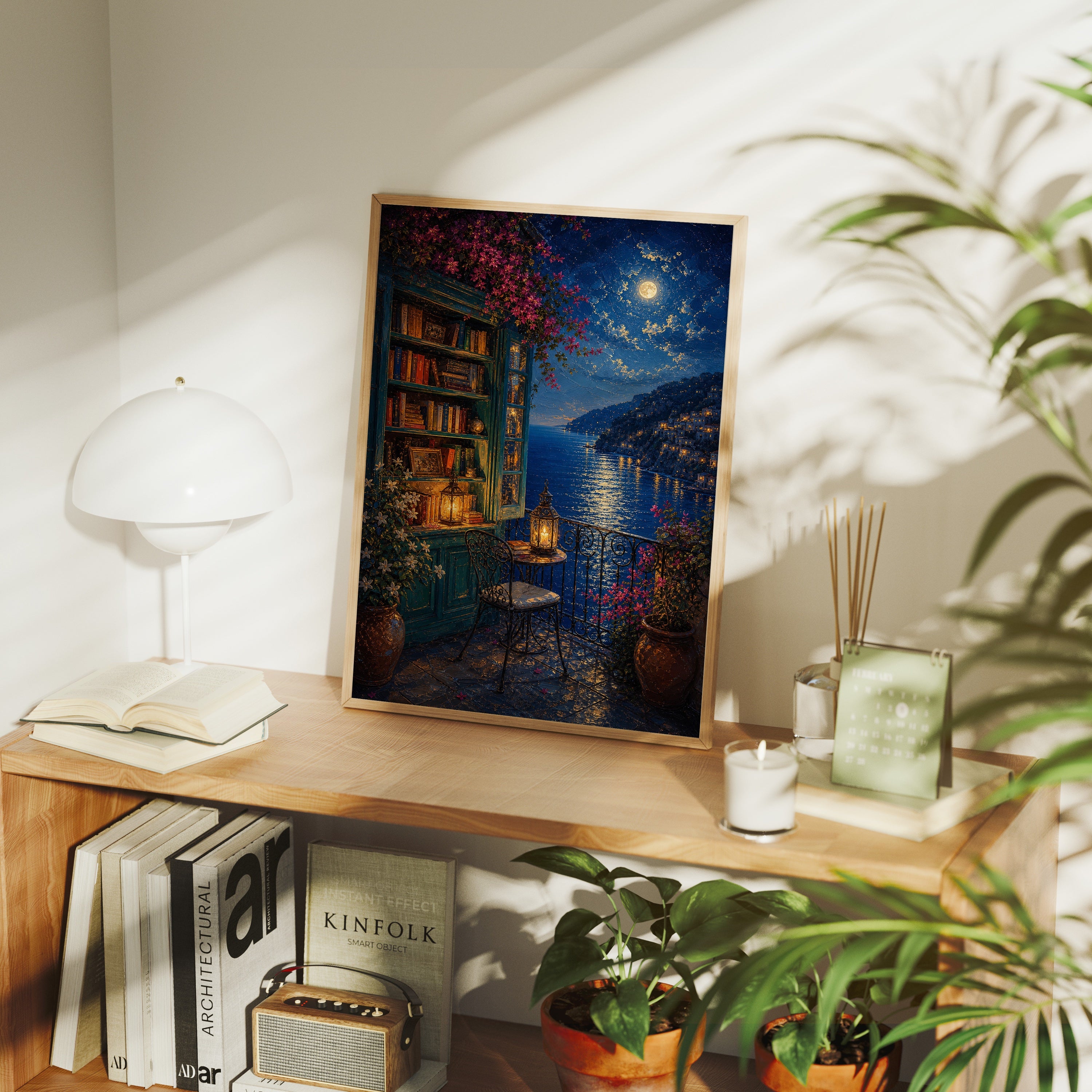 Moonlit Lakeside Bookshop poster framed room mockup by Seji Art