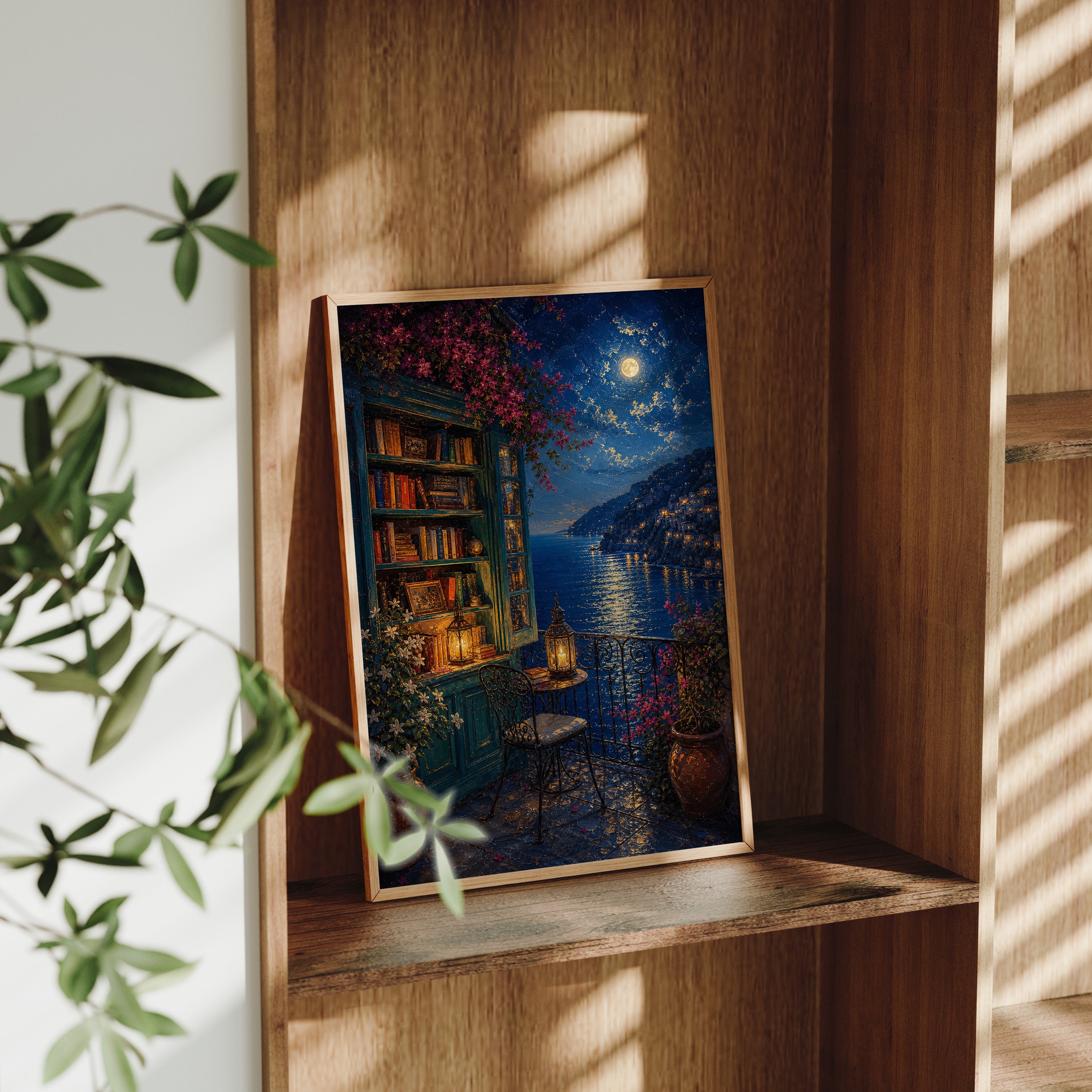 Moonlit Lakeside Bookshop poster gallery shelf mockup by Seji Art