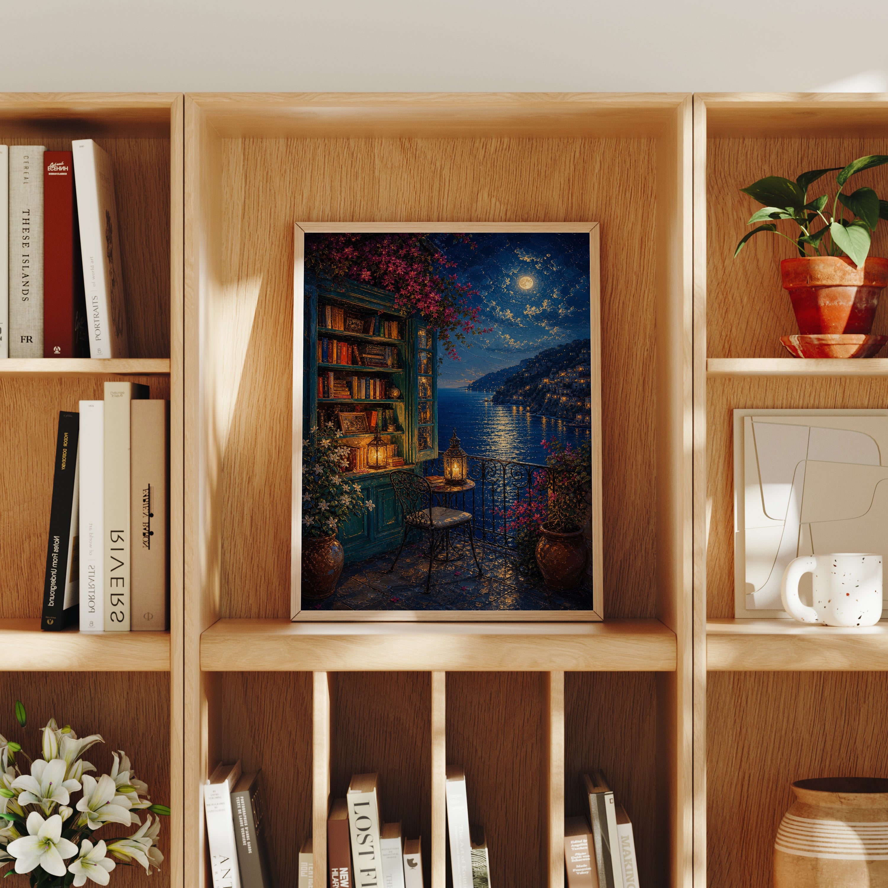 Moonlit Lakeside Bookshop poster home decor mockup by Seji Art