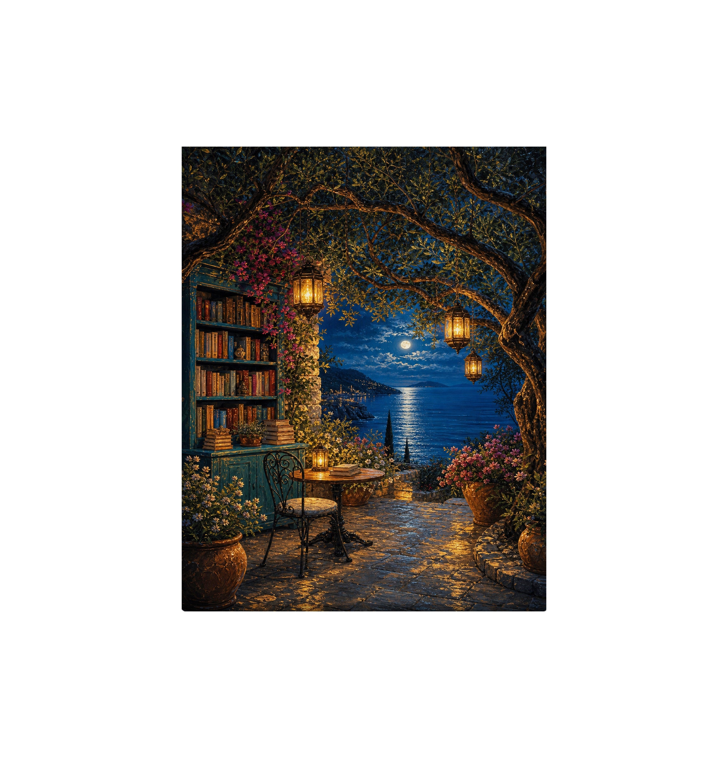 Moonlit Library Window canvas wall art preview by Seji Art