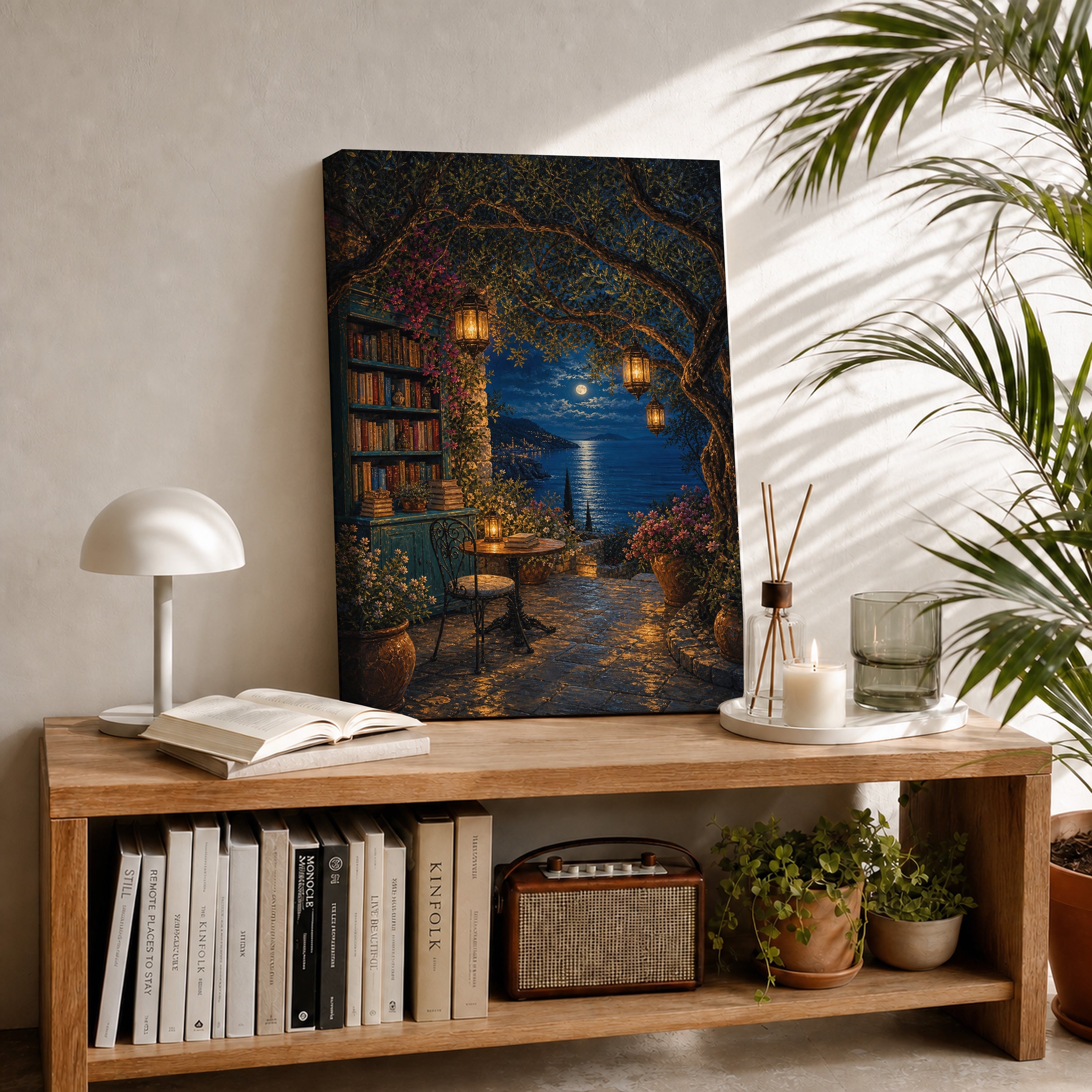 Moonlit Library Window canvas room mockup by Seji Art